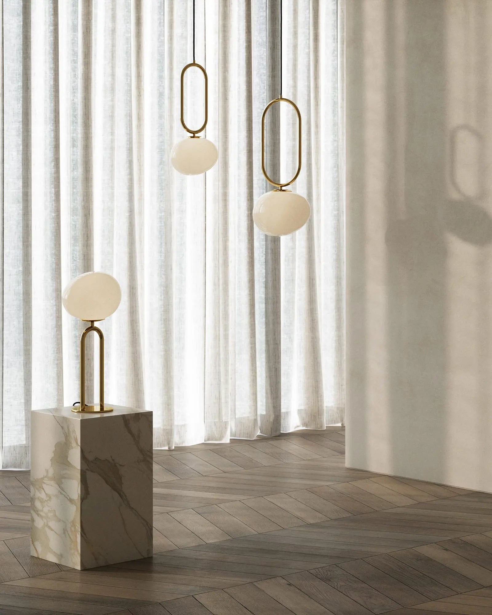 Shape brass and opal glass pendant light cluster