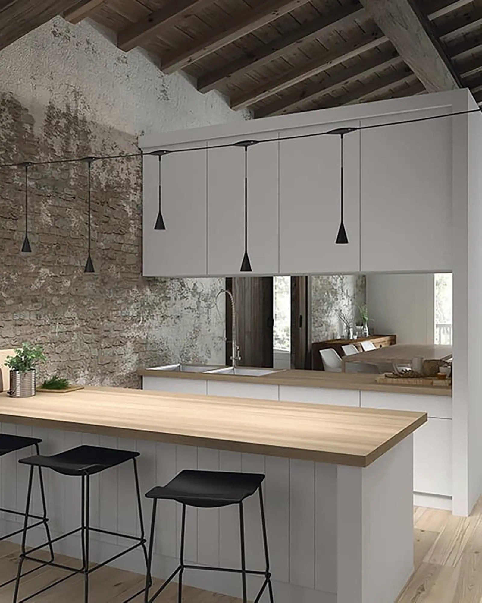 Skybell plus pendant light cluster above a kitchen island