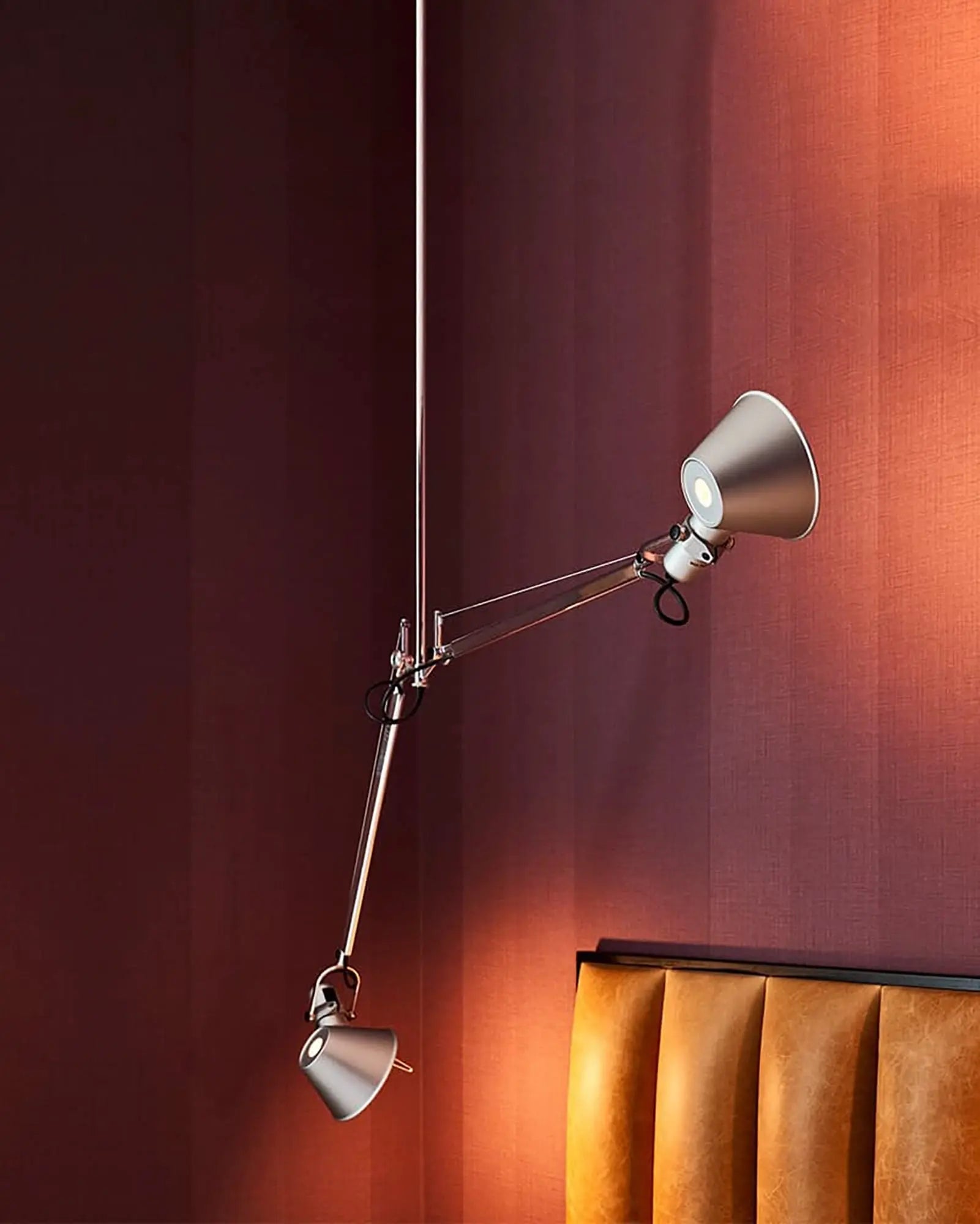 Tolomeo 2 arms italian designer pendant light in a cafe, Artemide Lighting
