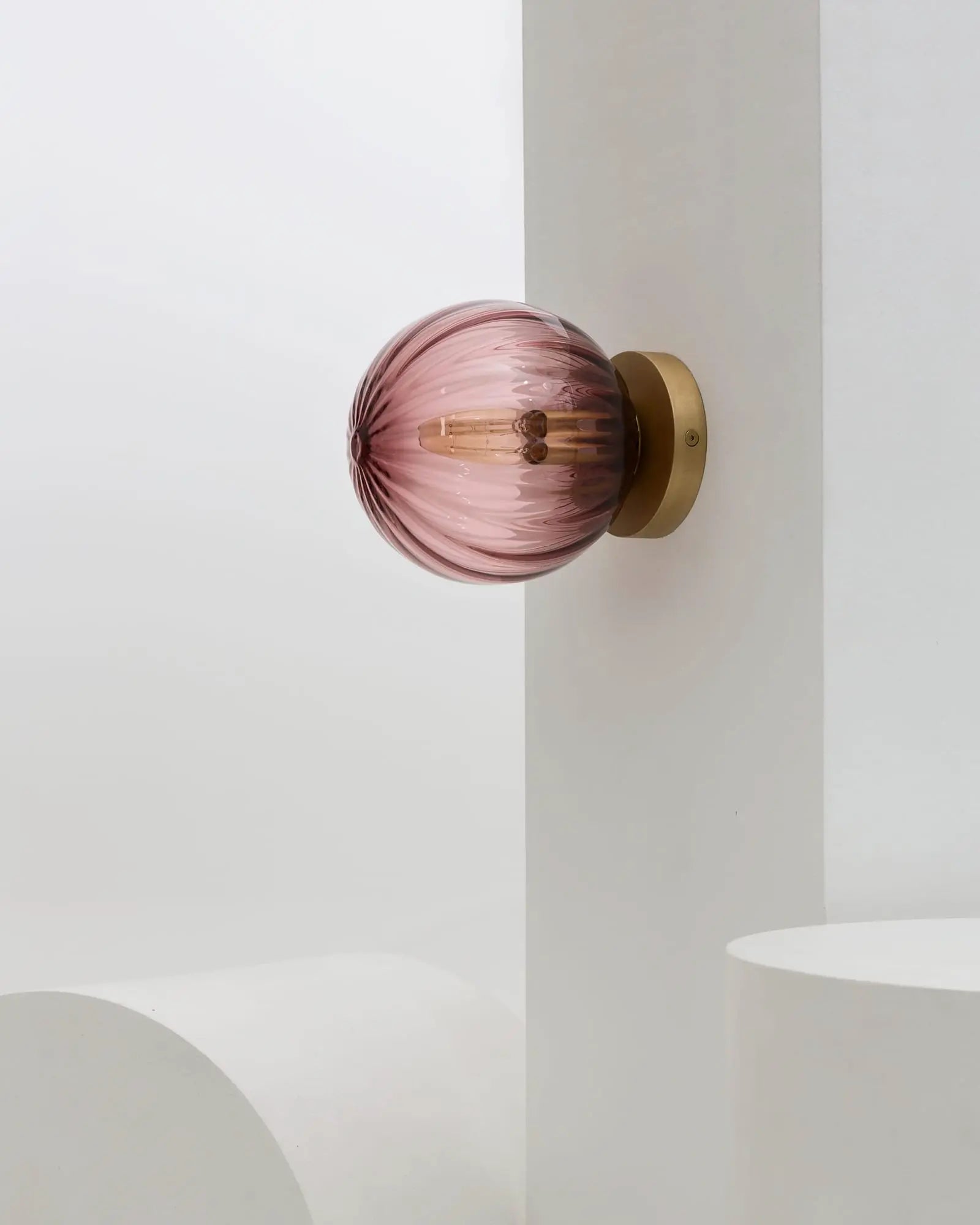Vintage ribbed blown glass semi flush orb wall light