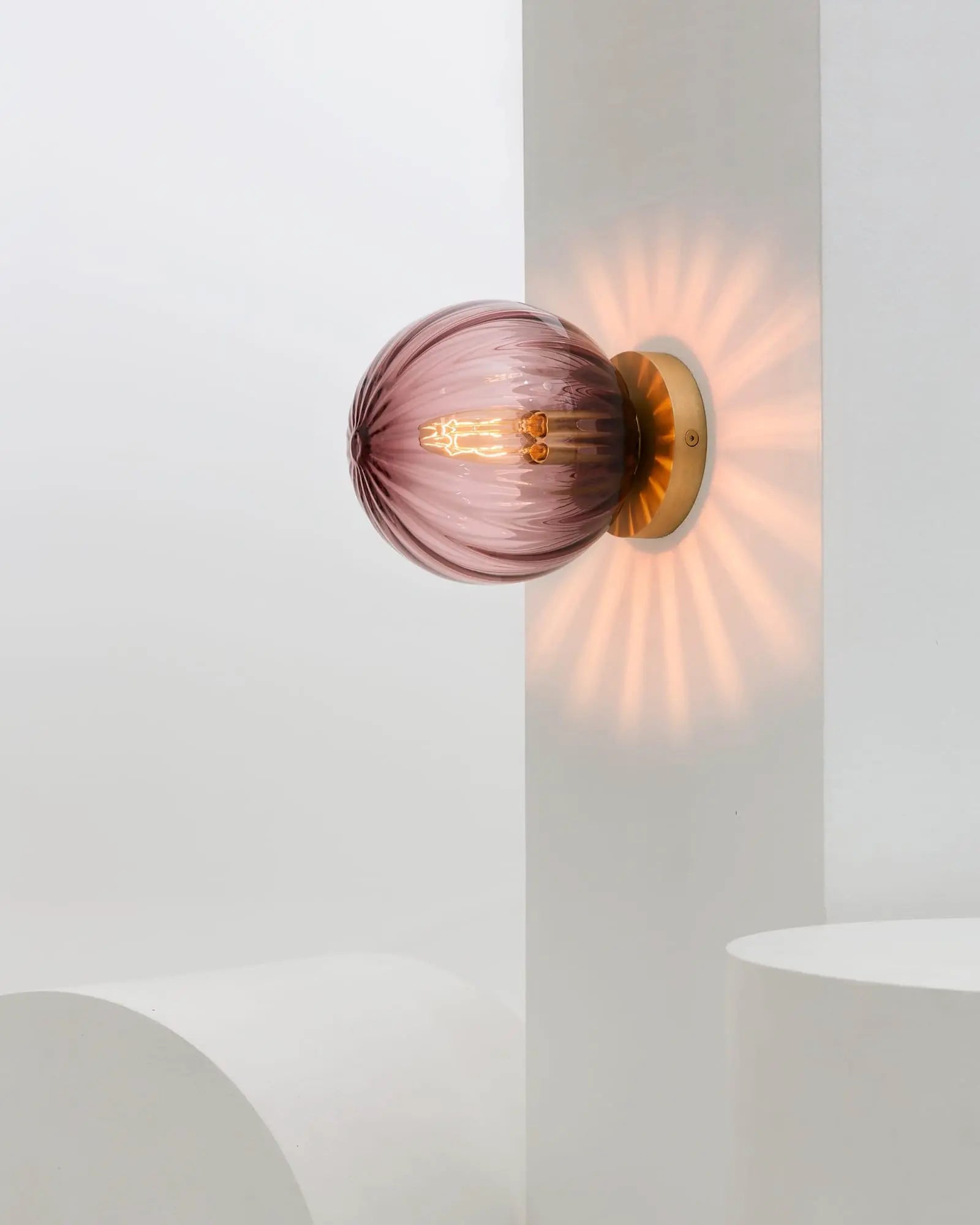 Vintage ribbed blown glass semi flush orb wall light