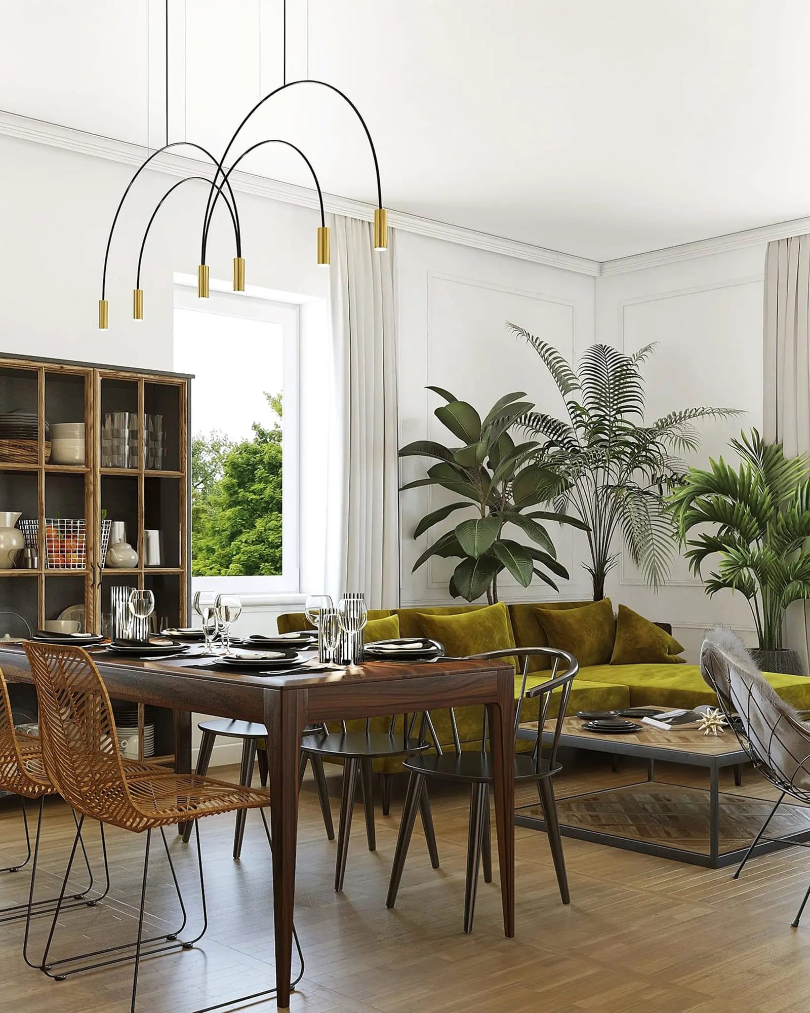 Volta Linear pendant light by Estiluz Lighting above a table
