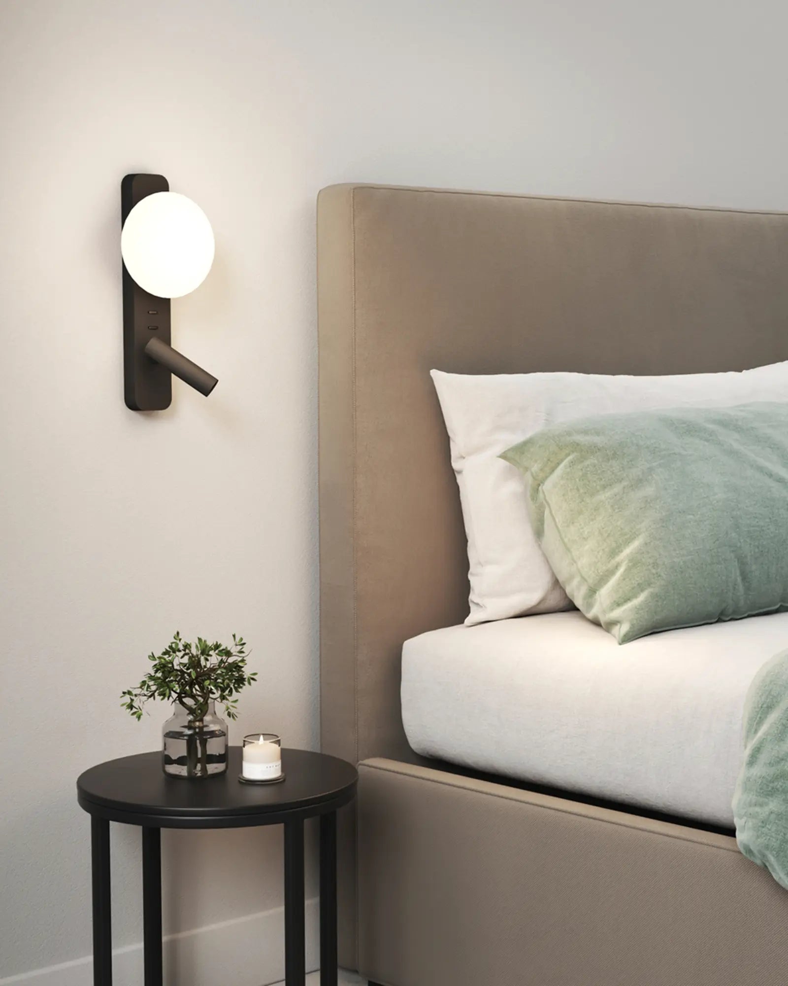 Zeppo reader orb ambient light and adjustable spot light in a bedroom