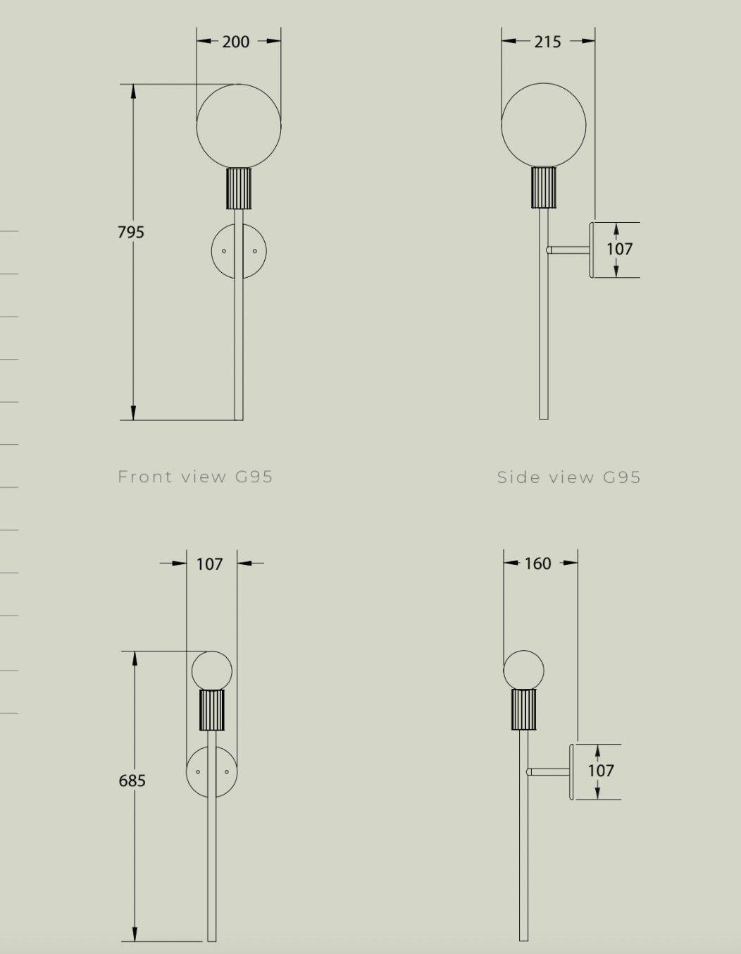 Attalos architectural contemporary brass and glass wall light on Nook Collections sizes