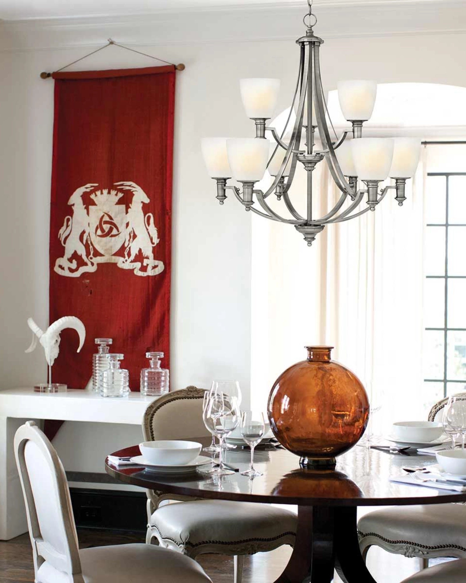 Bolla 9lt Chandelier by Elstead featured in a traditional dining room | Nook Collections