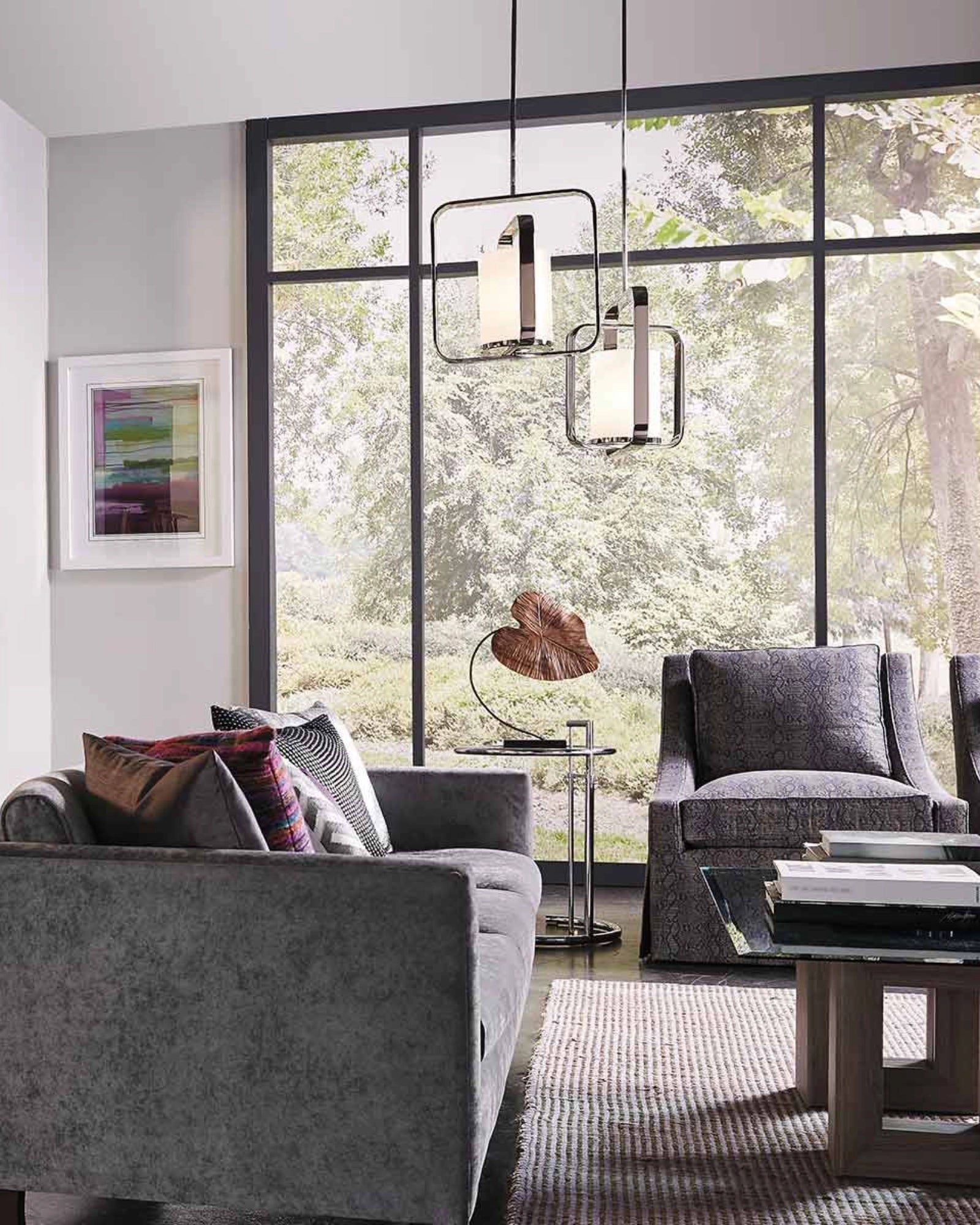 City Loft Pendant by Elstead featured in a modern living room | Nook Collections