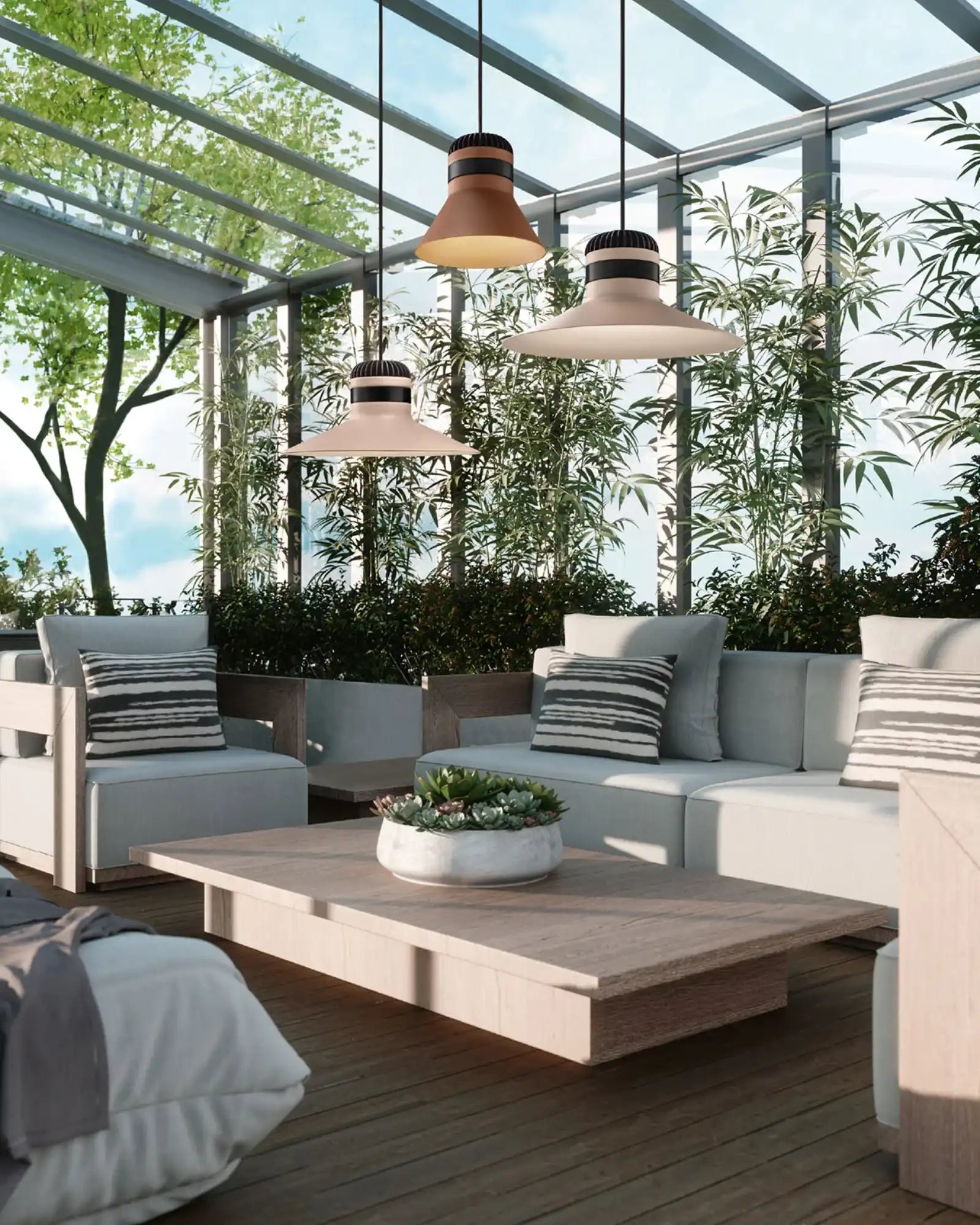 Cordea Outdoor Pendant Light by Masiero Lighting featured in a covered patio | Nook Collections