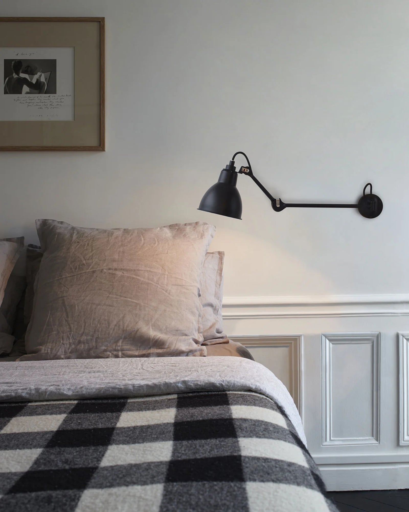 Lampe Gras N204 Wall Light by DCW Interiors featured in a modern contemporary bedroom | Nook Collections