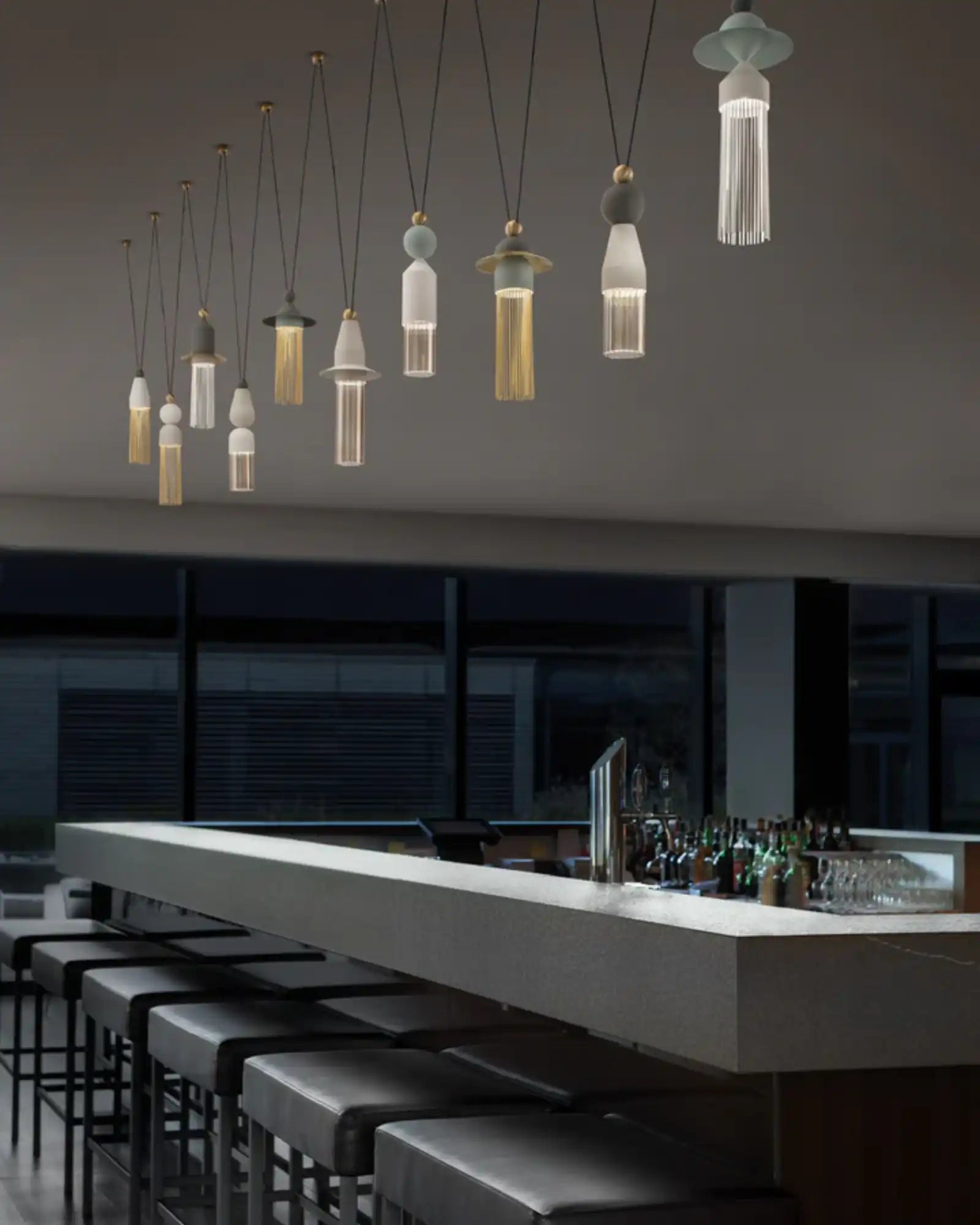 Nappe 10lt Linear Pendant Light by Masiero Lighting featured over a bar counter | Nook Collections
