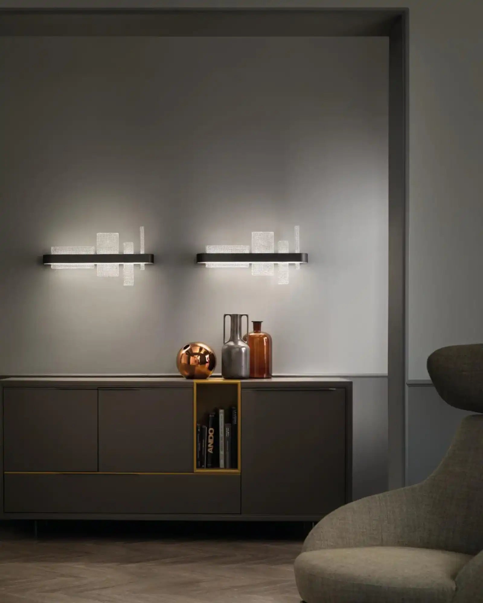 Ribbon Wall Light by Masiero Lighting featured within a modern lounge room | Nook Collections