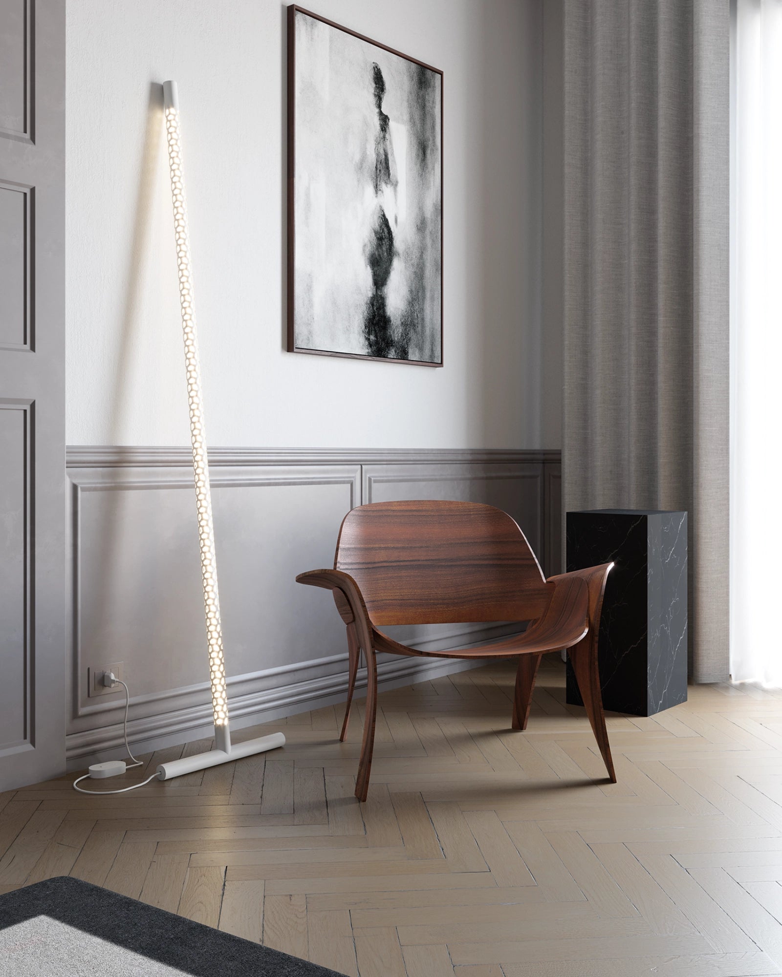 Squiggle Floor Lamp by Rotaliana featured in a modern contemporary living room | Nook Collections