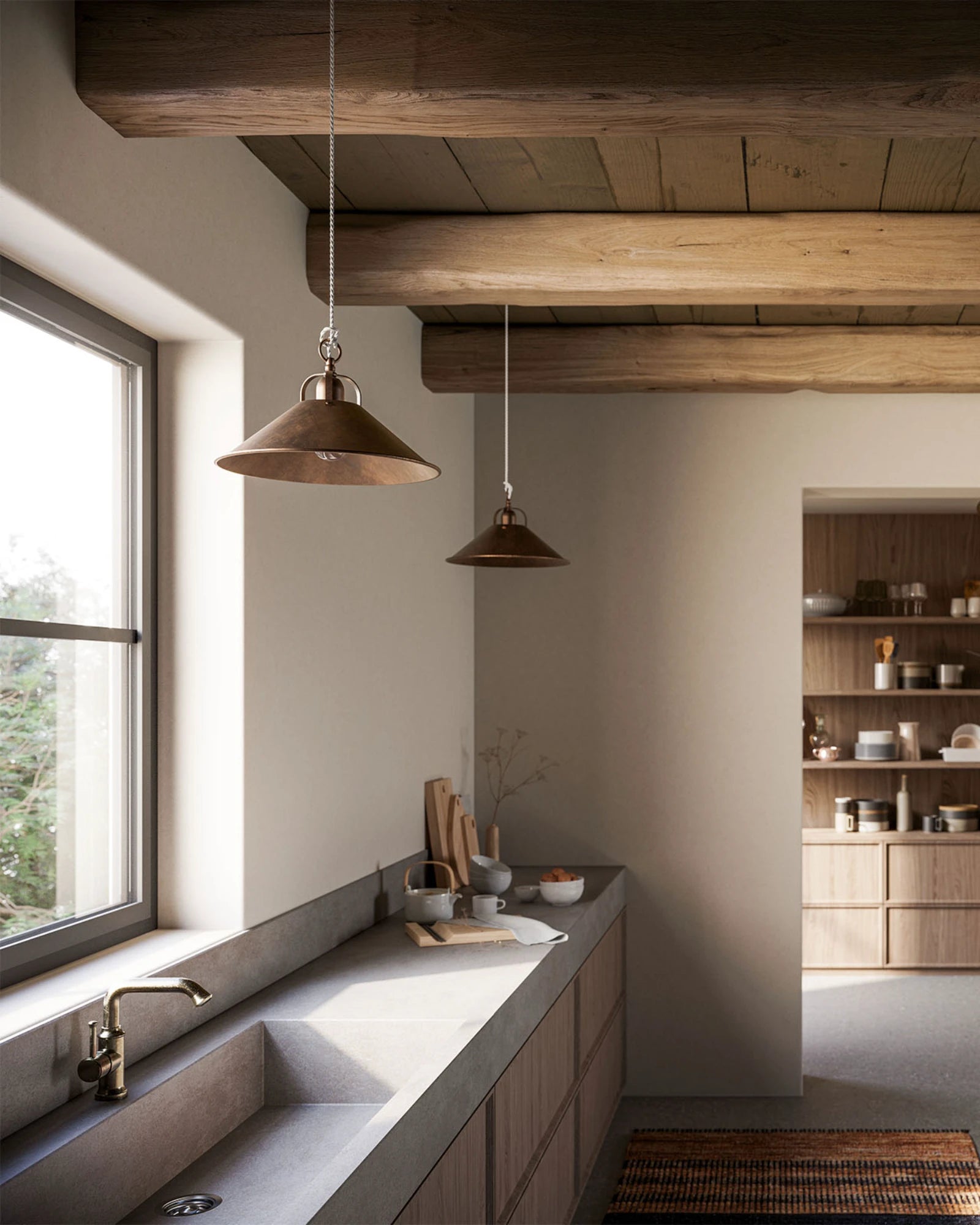 Modern kitchen with wooden ceiling beams, Cascina Pendant Lights by Il Fanale, and a concrete countertops