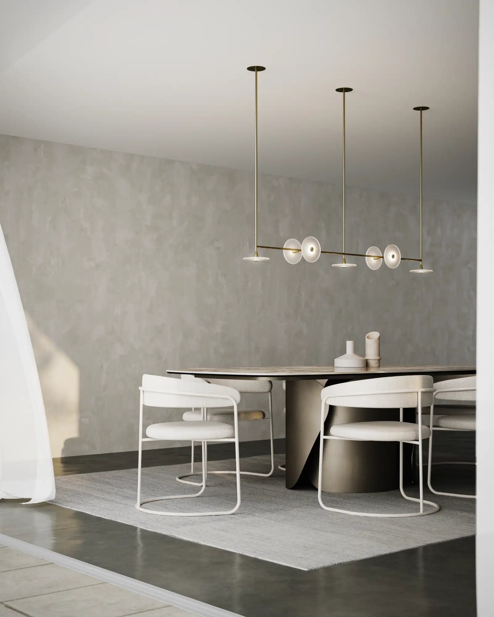 Minimalist dining space featuring the Coral Linear Rod 7lt Pendant Light by Soktas Lighting, available at Nook Collections, with a modern table, neutral-toned chairs, and soft natural light enhancing the elegant interior design.