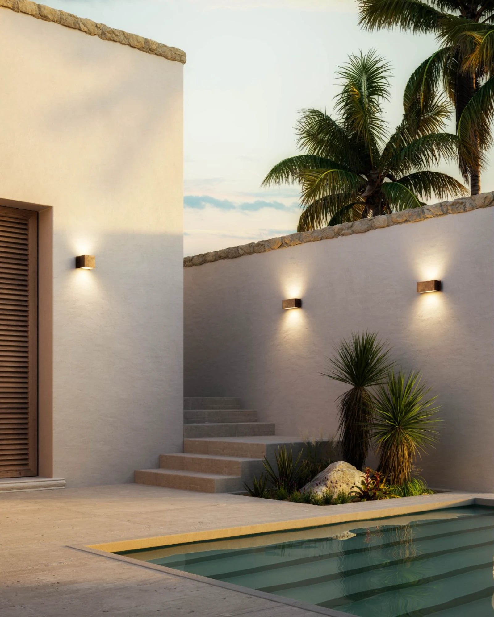 Modern outdoor setting with a pool, stairs, Decori Wall Lights by Il Fanale and palm trees