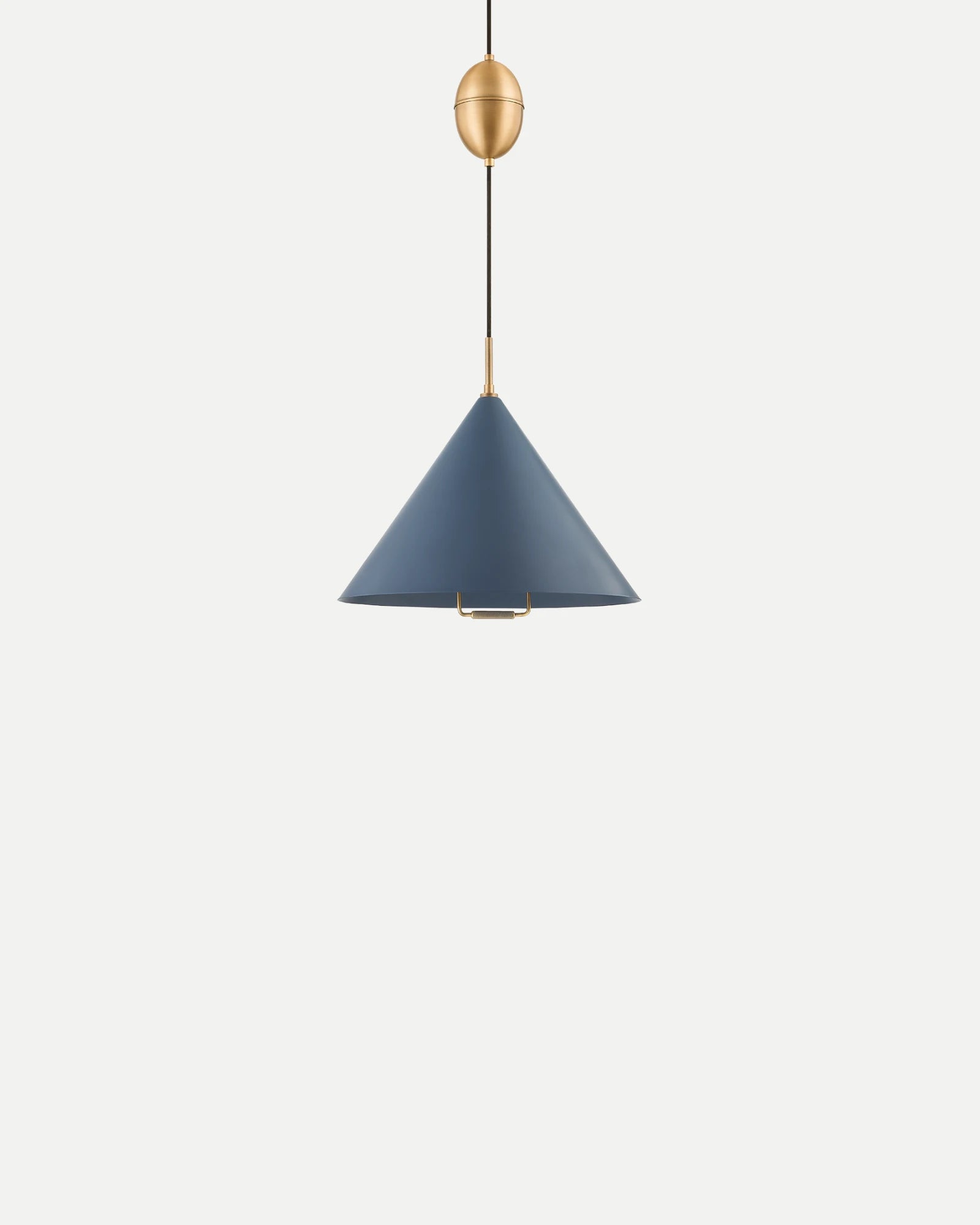 Pendant light with blue cone shade and gold fixture on a white background