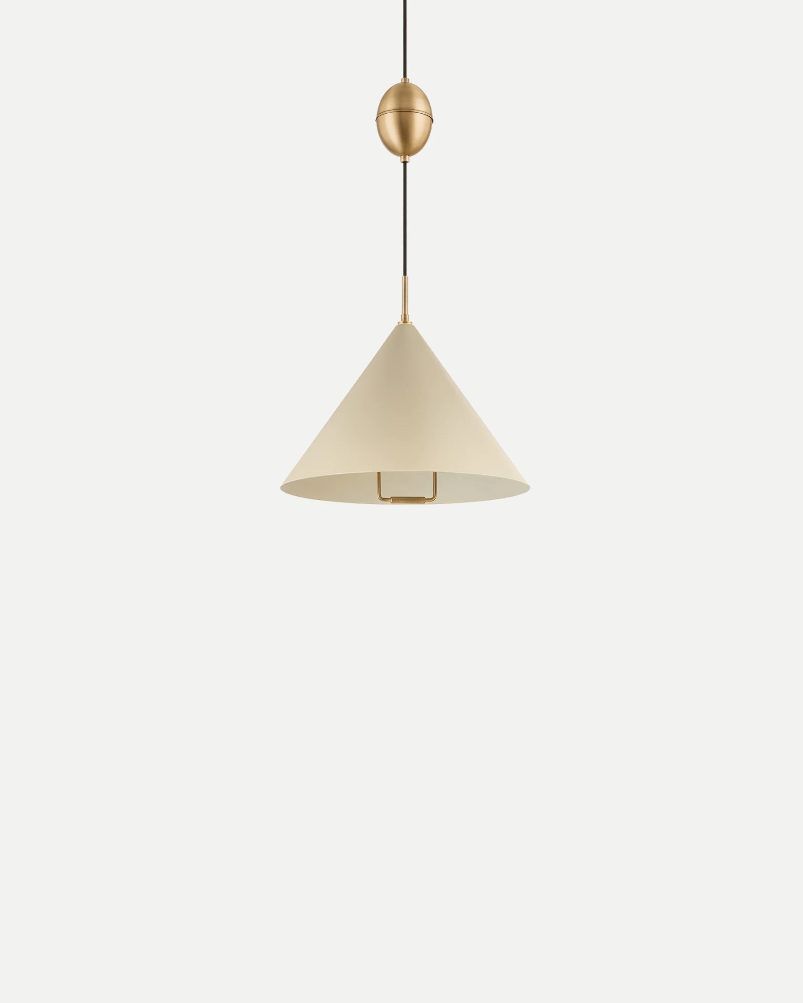 Beige cone pendant light with a gold fixture on a white background