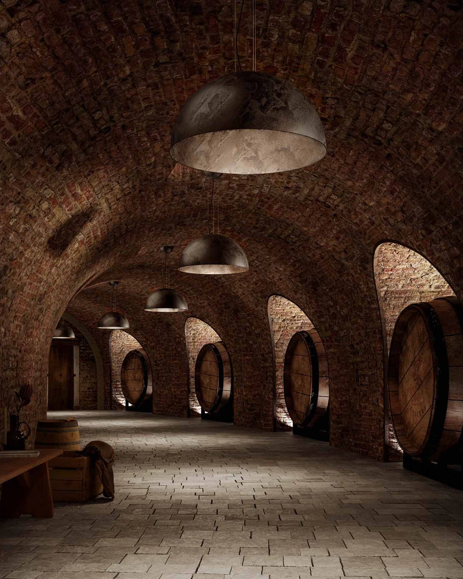 Wine cellar with brick arches and wooden barrels with Galileo pendant lights by Il Fnaale.