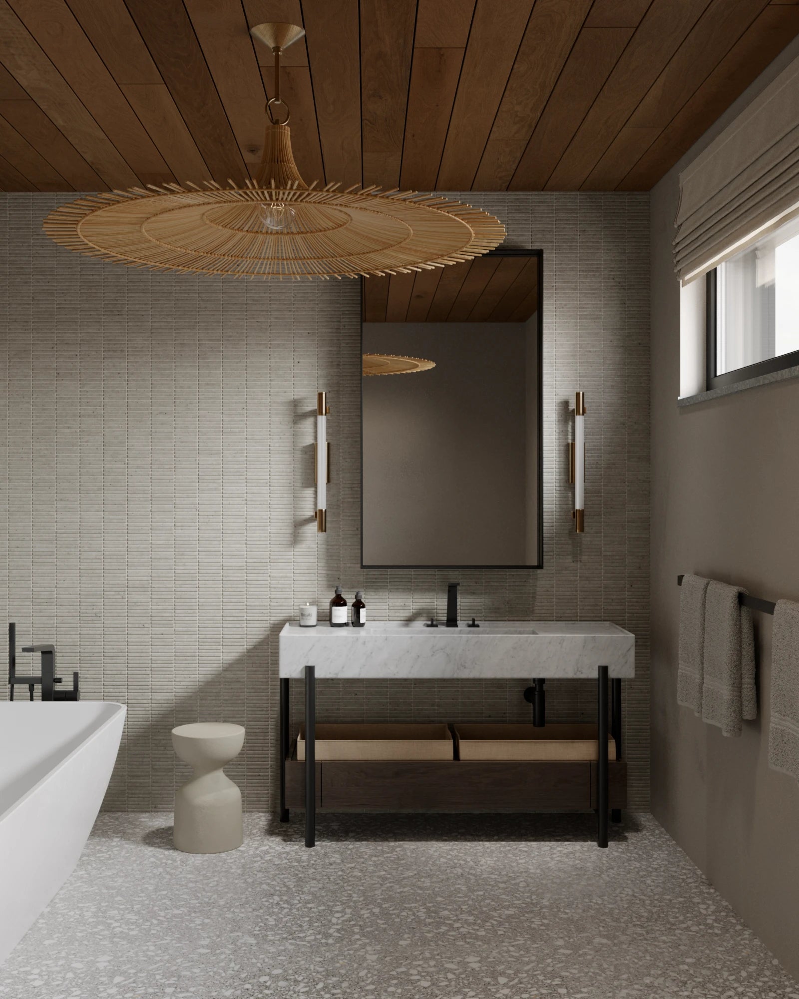 Modern bathroom with a sink, mirror, and decorative brass bathroom wall lights.