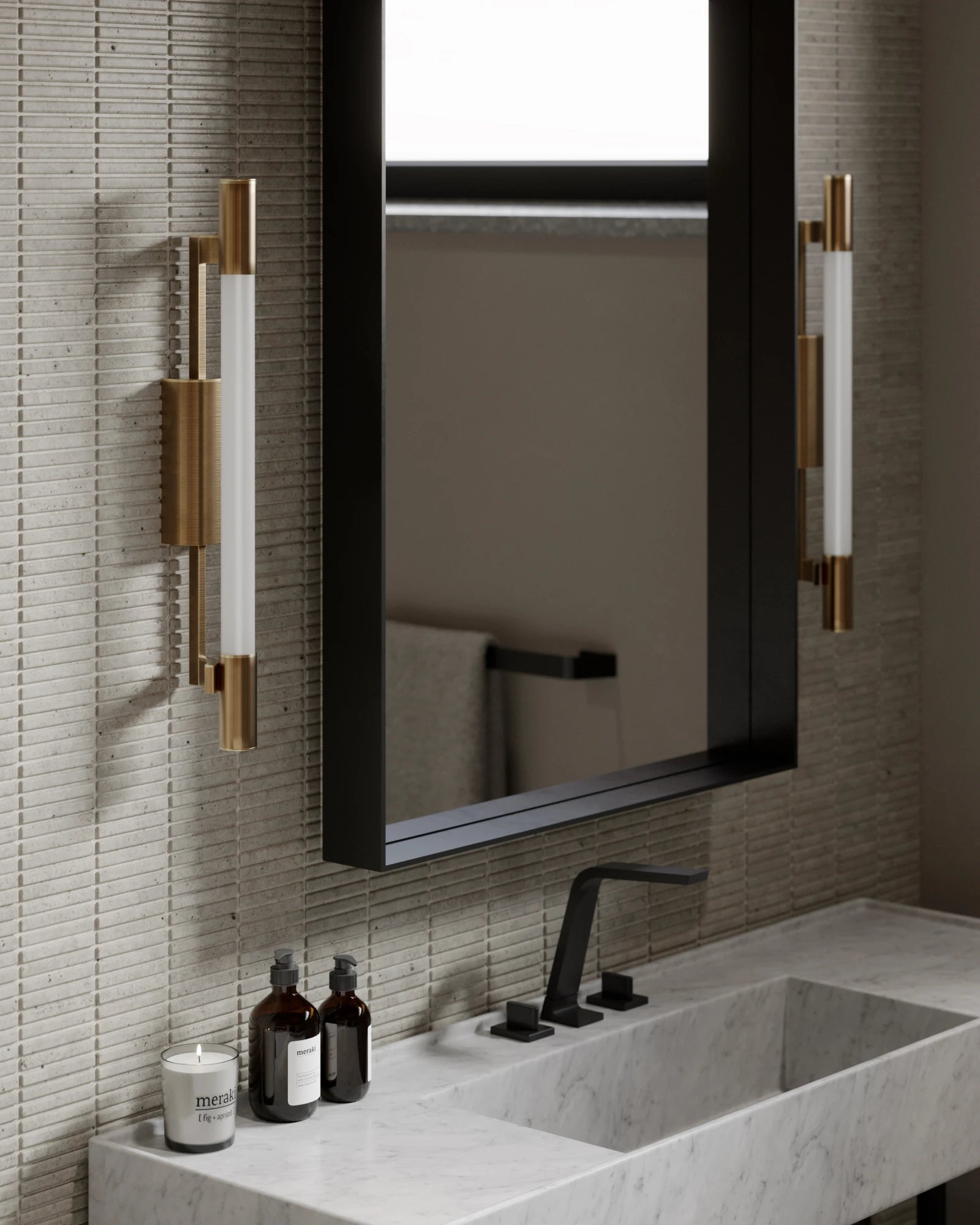 Bathroom vanity with mirror, faucet, and decorative brass wall lights.