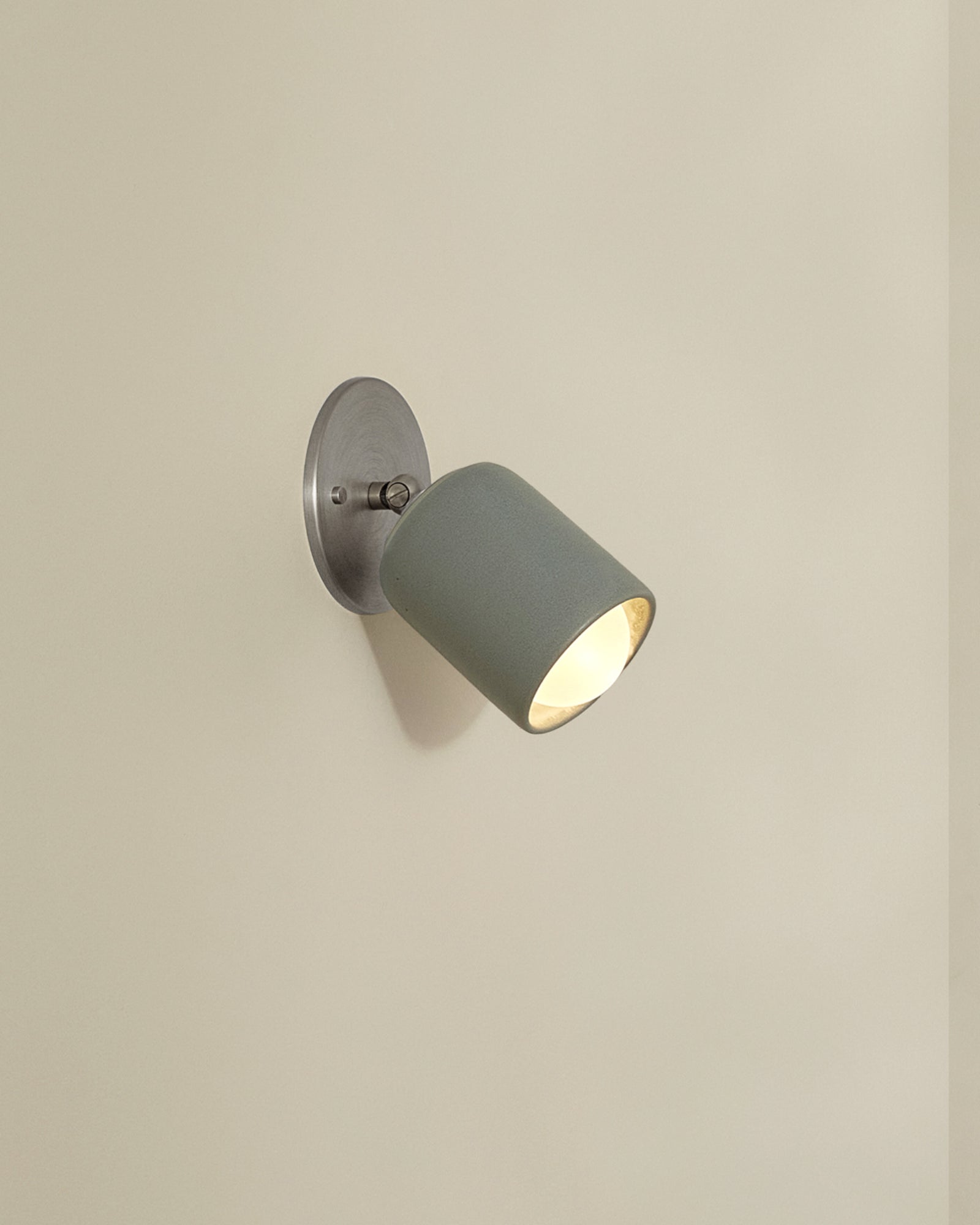 Terra 1 Short Arm Wall Light in fog ceramic and brushed nickel metal finish. - Nook Collections