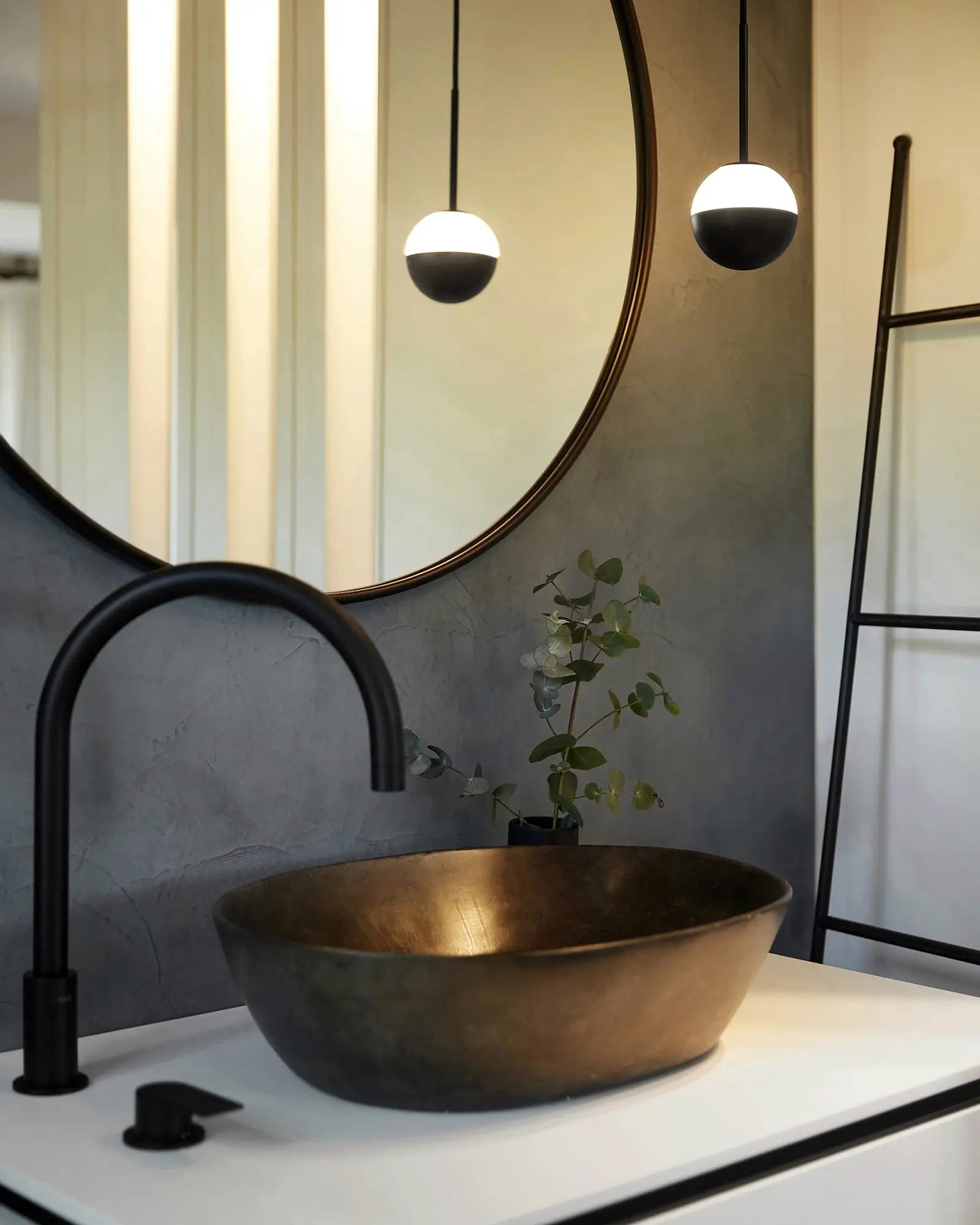 Alfi Single orb opal and metal pendant light in black with shade in bathroom