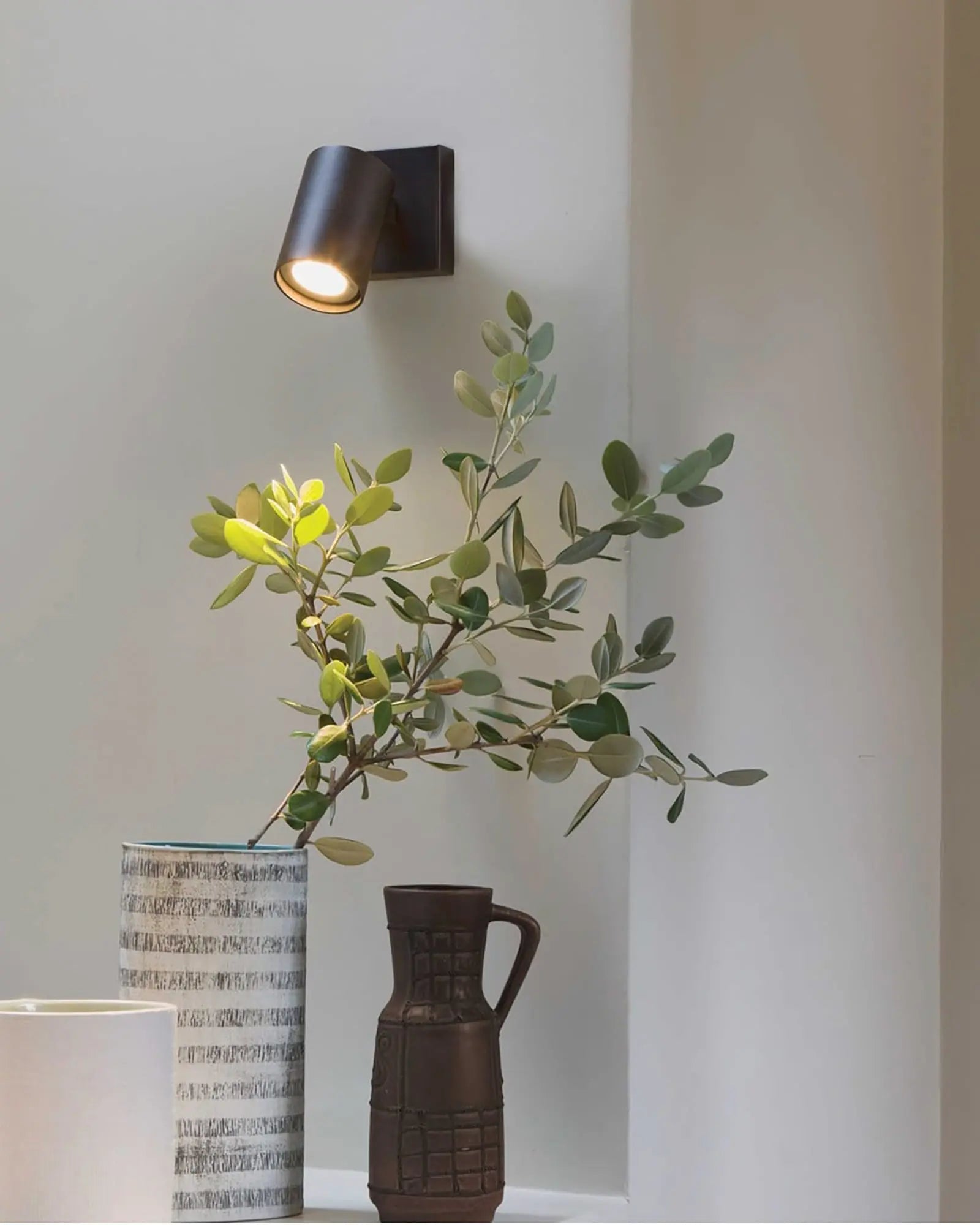 Ascoli minimal wall light with adjustable head above a shelf