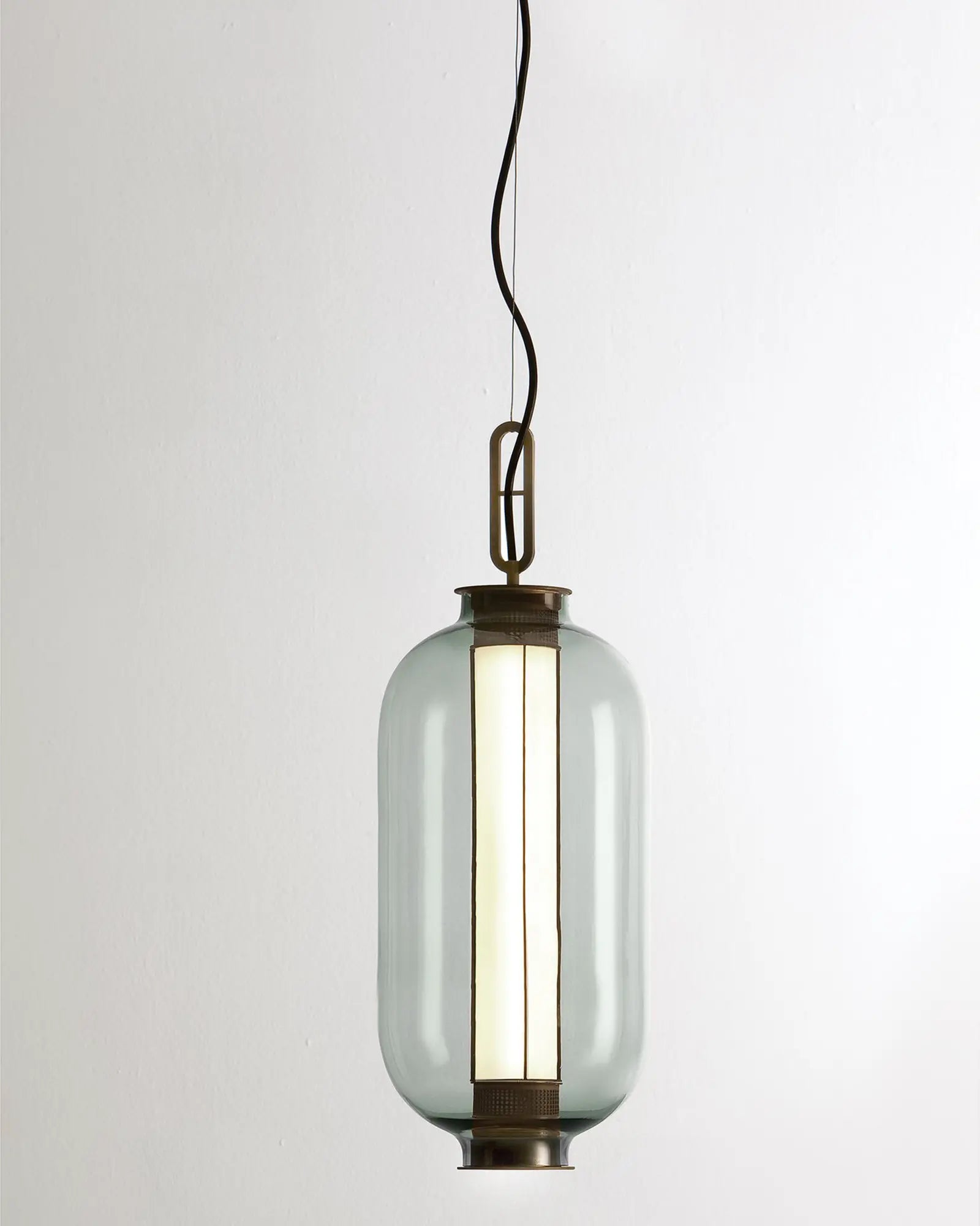 Bai Ba Ba tall bronze and blown glass Chinese lantern style pendant light grey glass