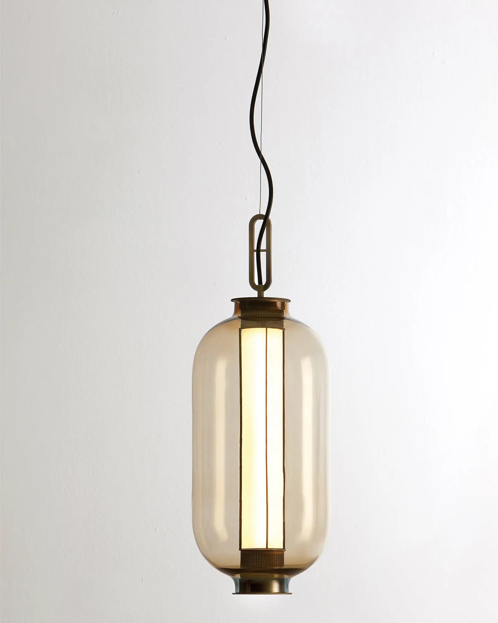 Bai Ba Ba tall bronze and blown glass Chinese lantern style pendant light amber glass