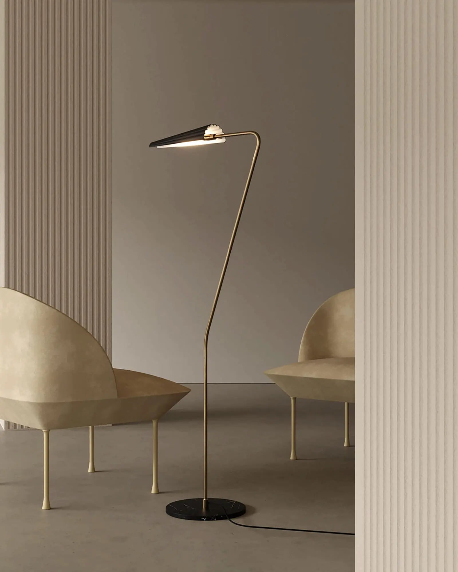 Bion contemporary floor lamp with corrugated steel shade in living room
