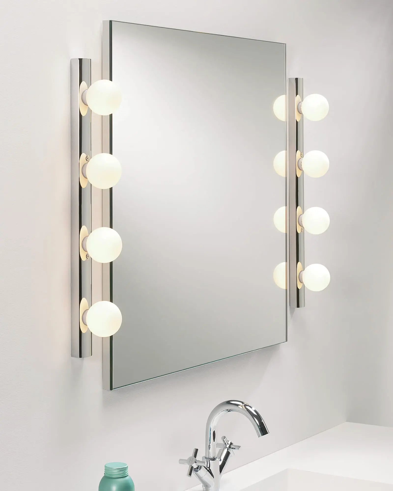 cabaret 4 lights classic bathroom orb opal glass shades on a backplate on the mirror side