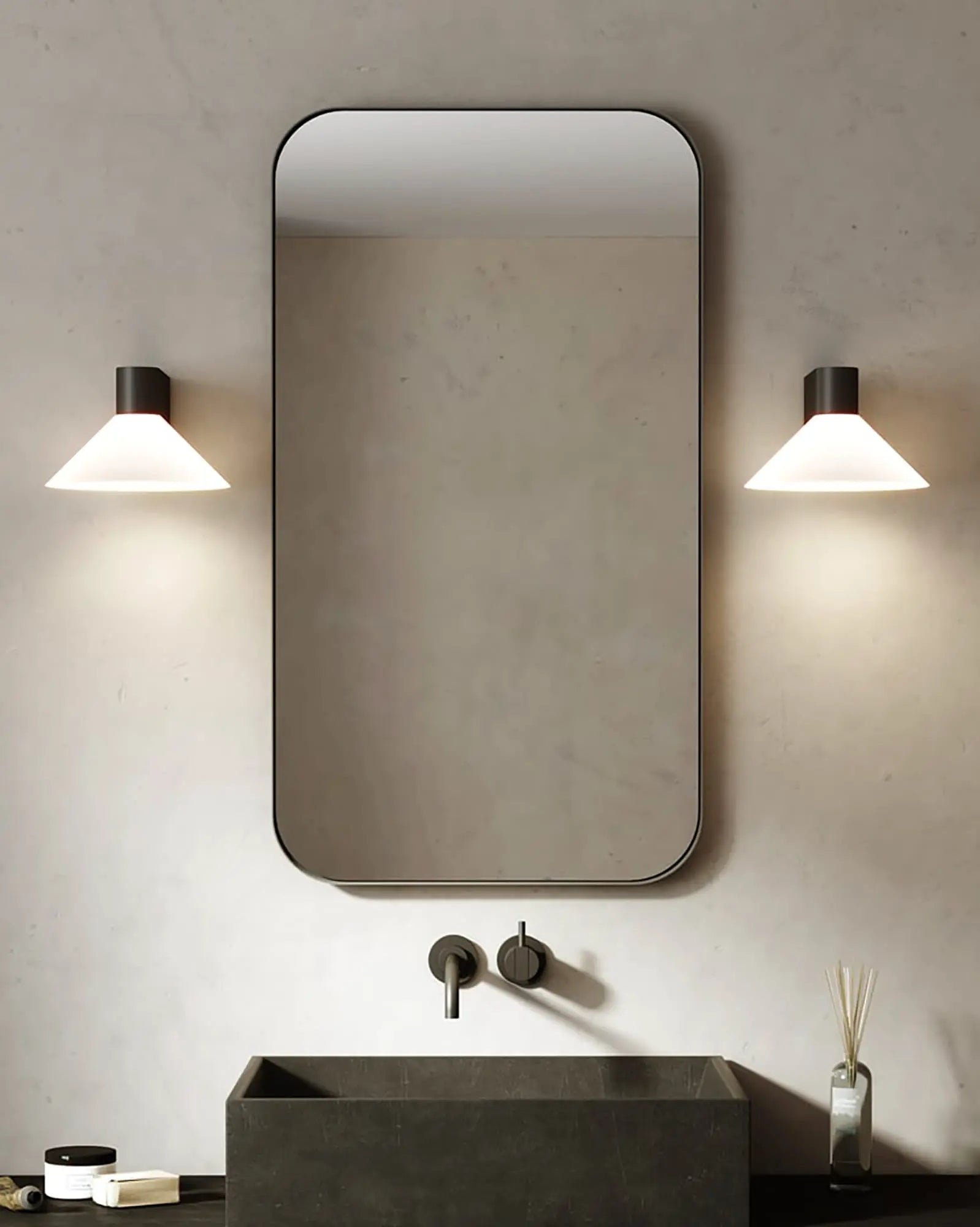 Conic contemporary opal glass and metal bathroom wall light on the mirror side