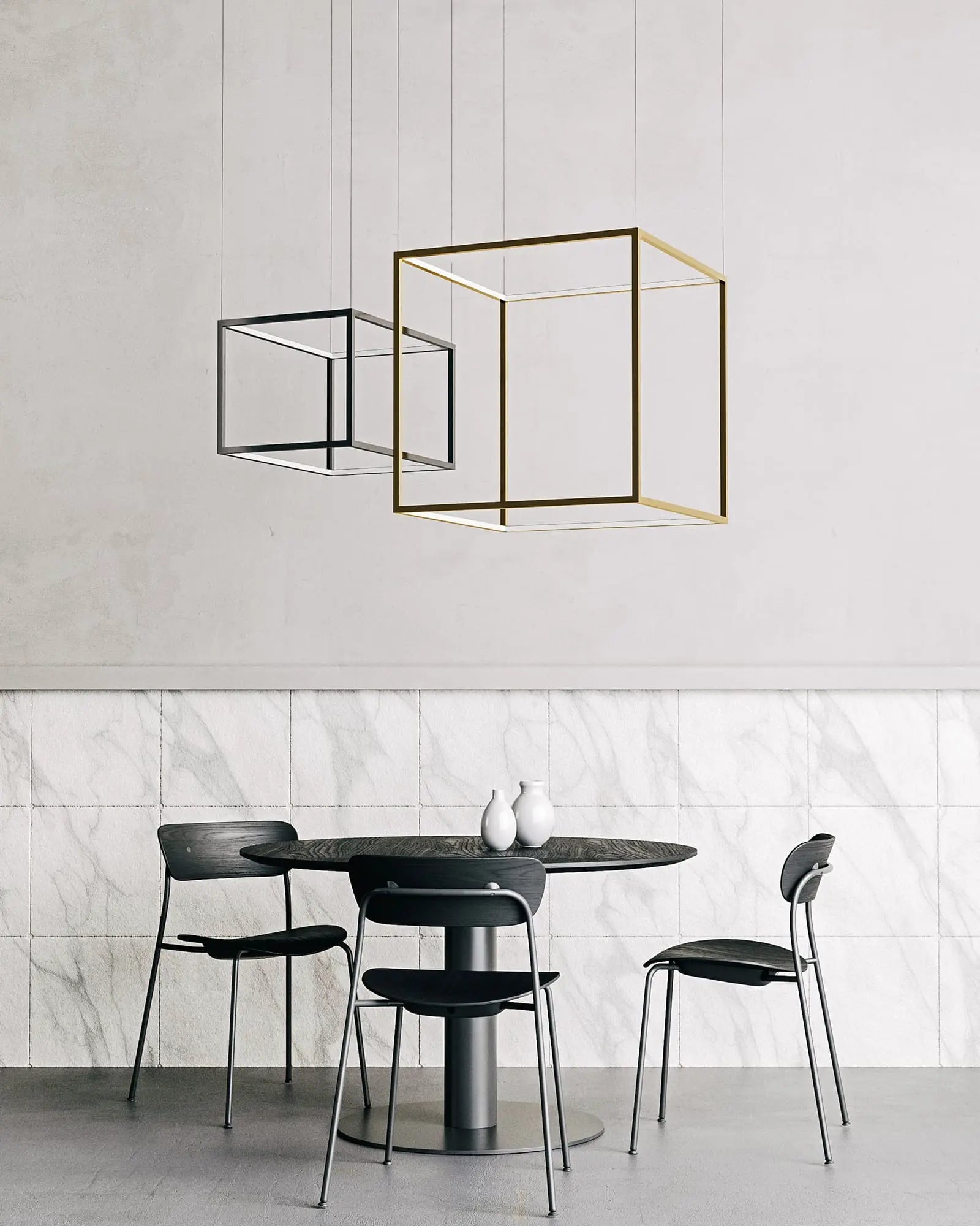 Cube X Geometrical contemporary pendant light cluster above dining table