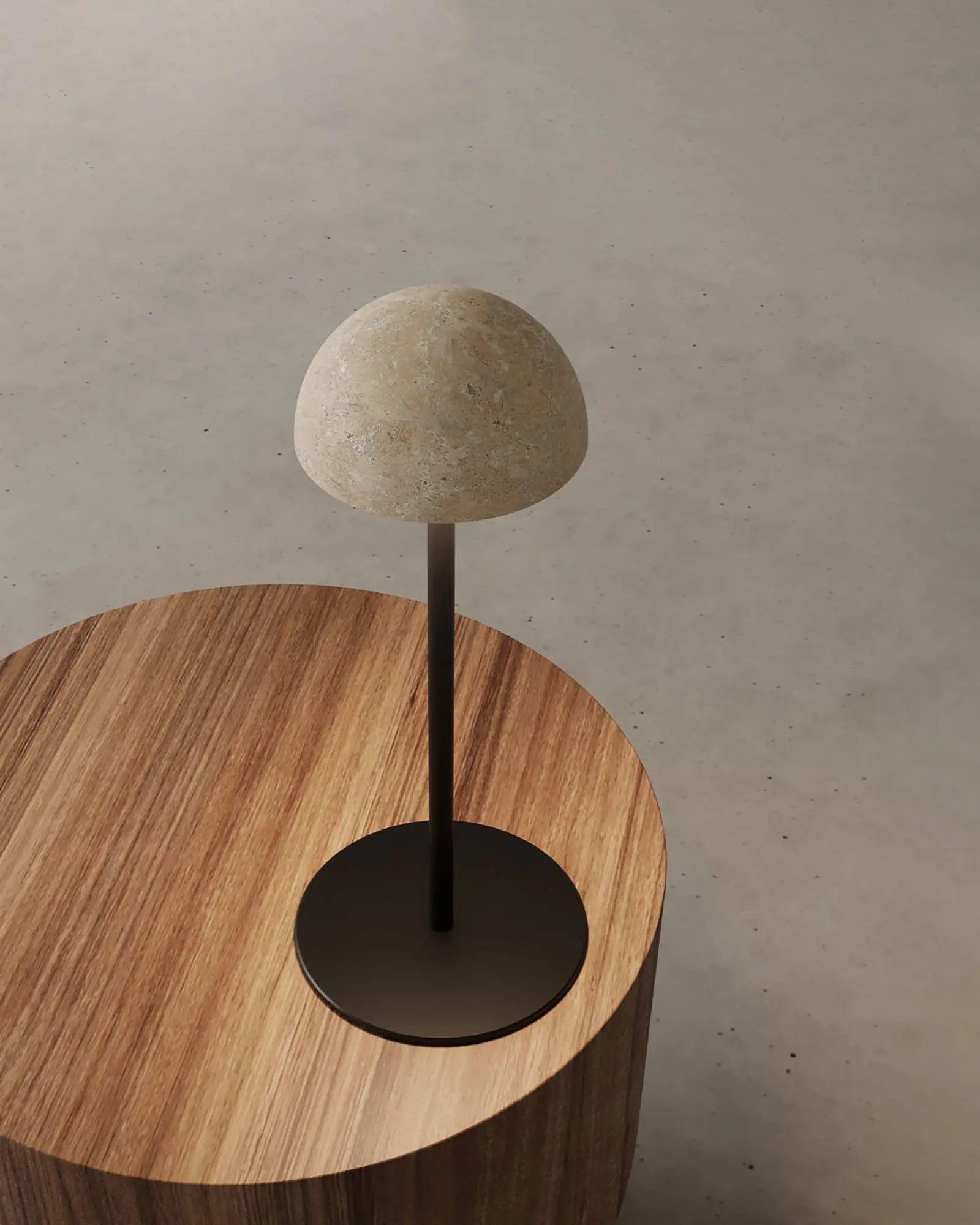 Dussa contemporary minimalistic table light on coffee table travertine and black