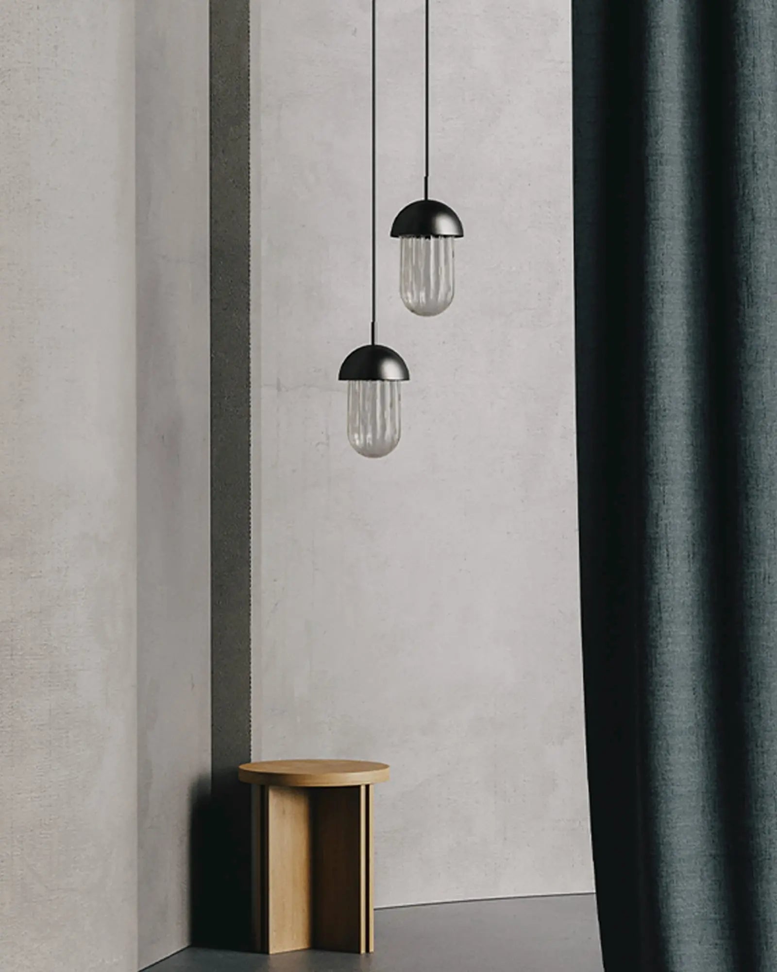 Lota contemporary Pendant light with metal dome and ribbed glass in a living area