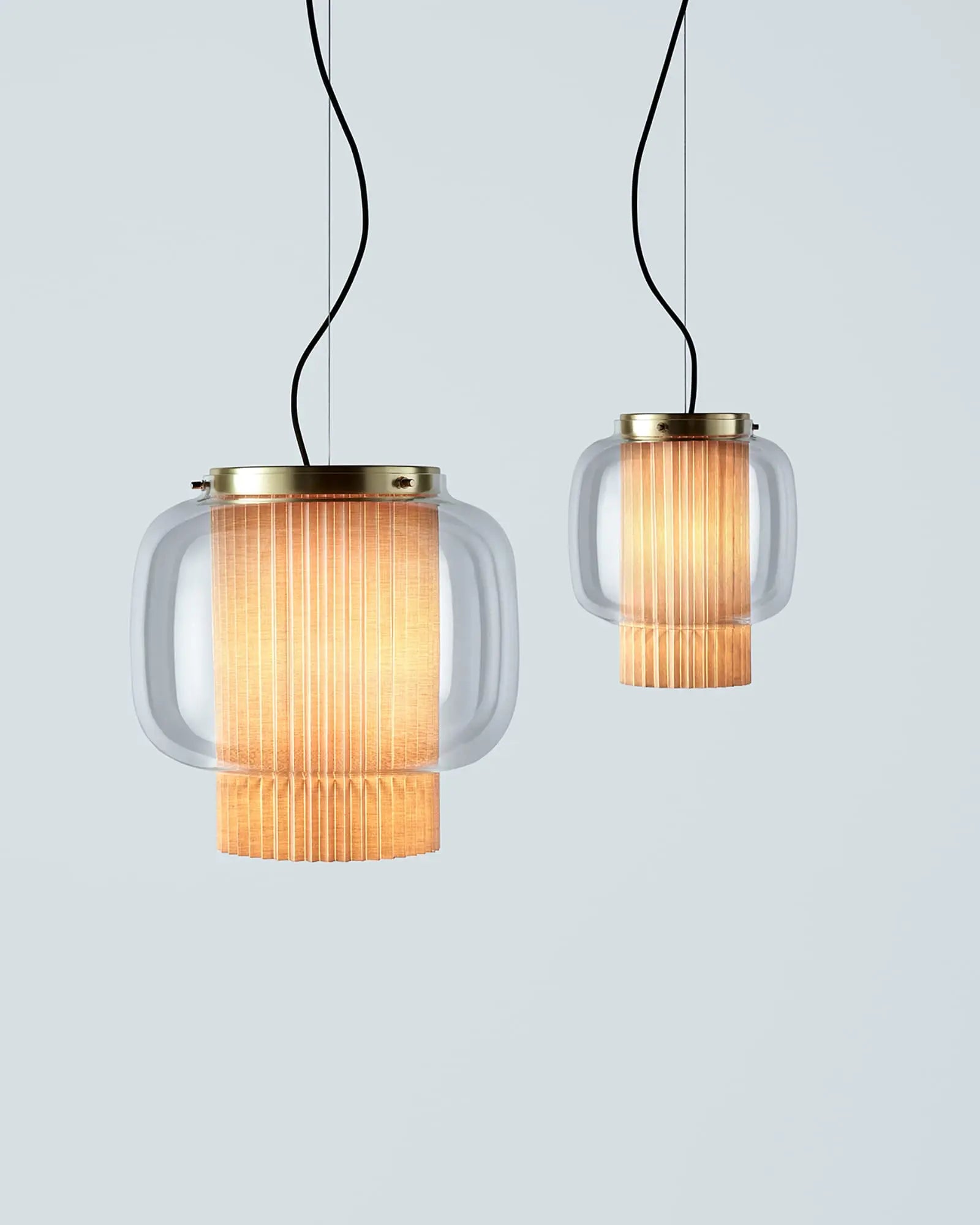 Manila Glass and textile contemporary pendant light in brass and beige