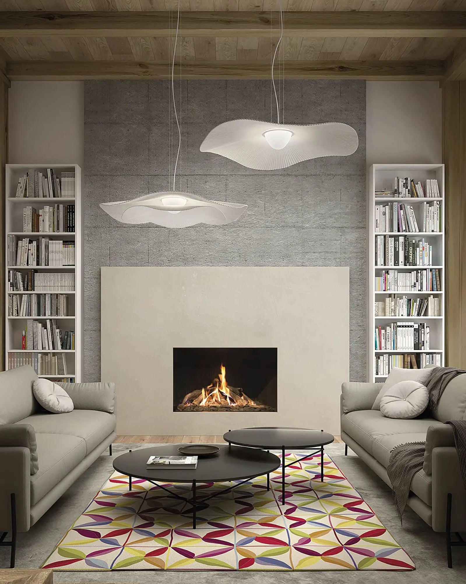 Mediterrania Indoor large contemporary pendant above coffee tables