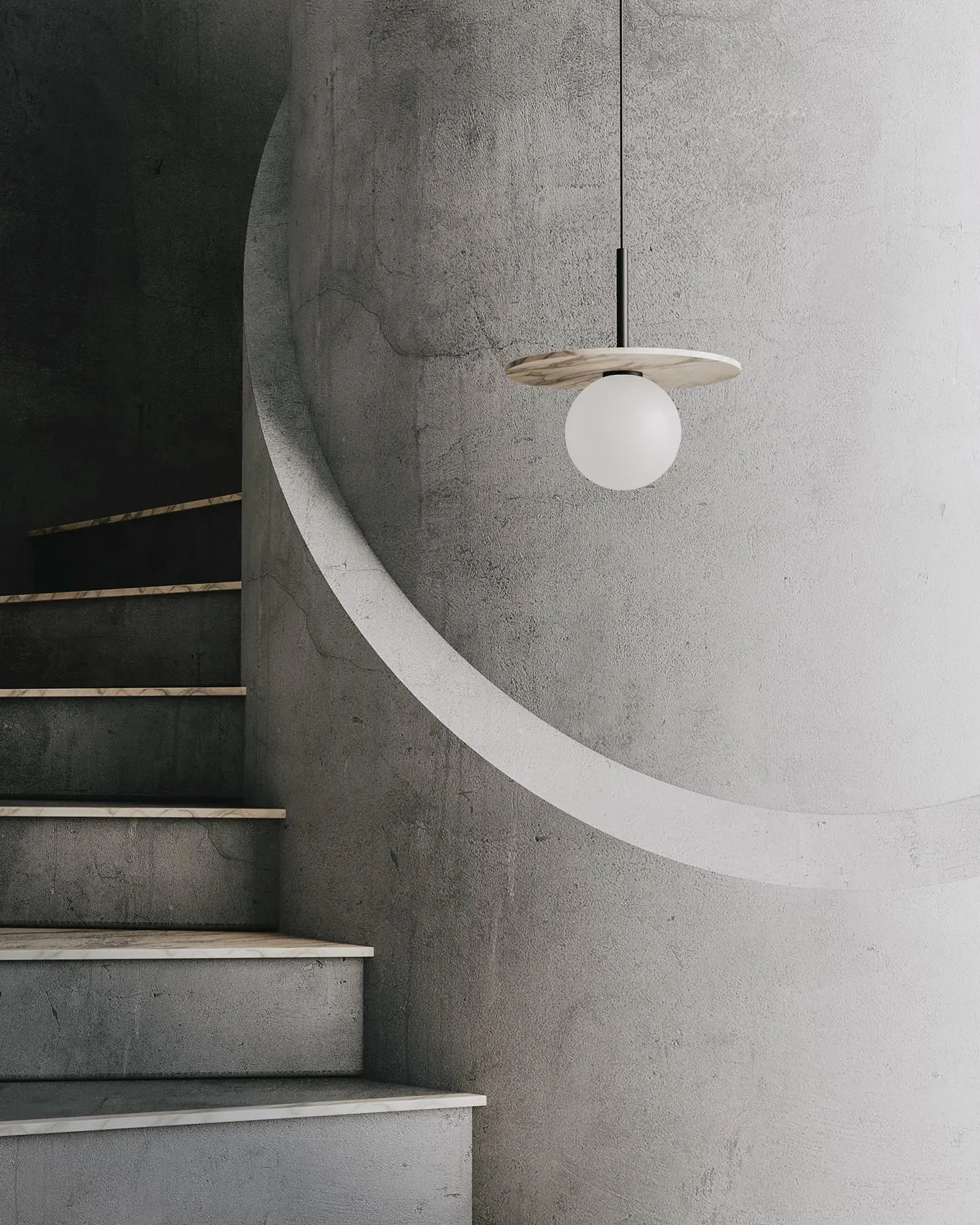 Miro minimalistic opal orb shade and alabaster disc on a staircase