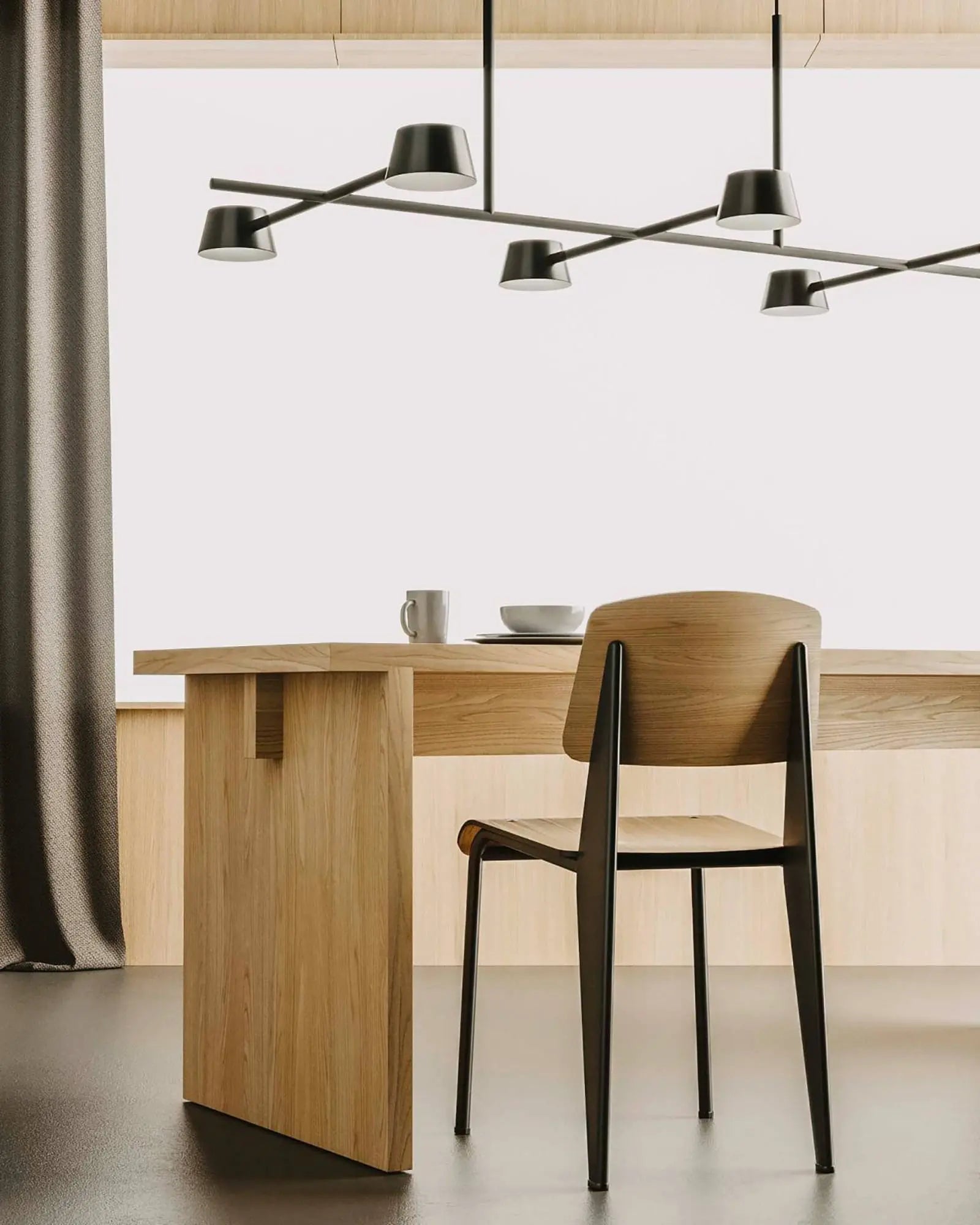 Nera 6 Lights contemporary linear pendant light above a dining table