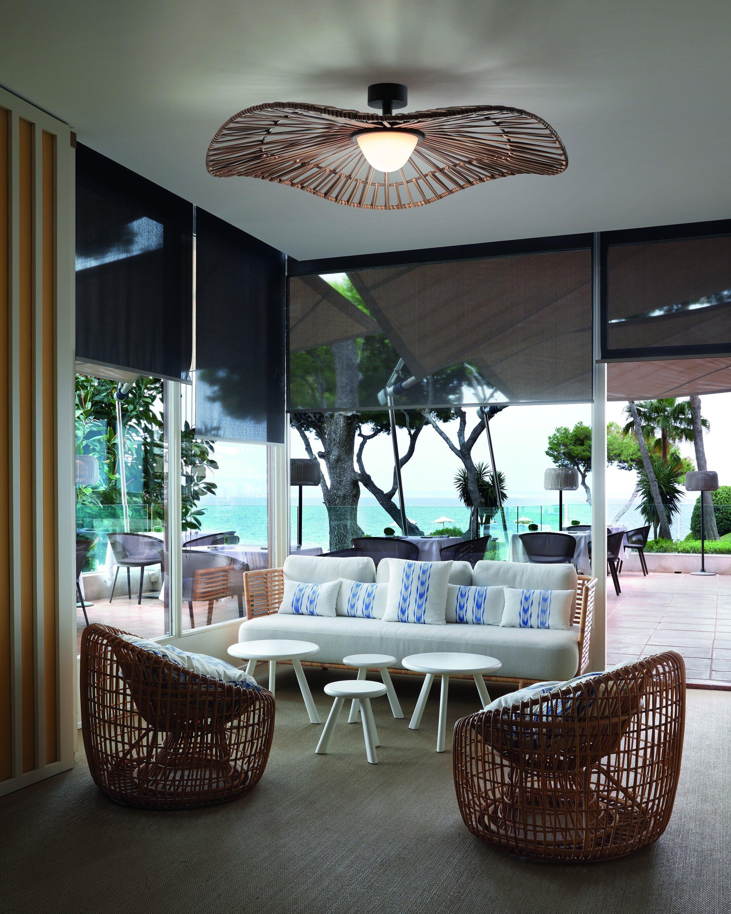 Mediterranea ceiling light outdoor contemporary coastal ceiling fixture Bover handmade on Nook Collections over a lounge area