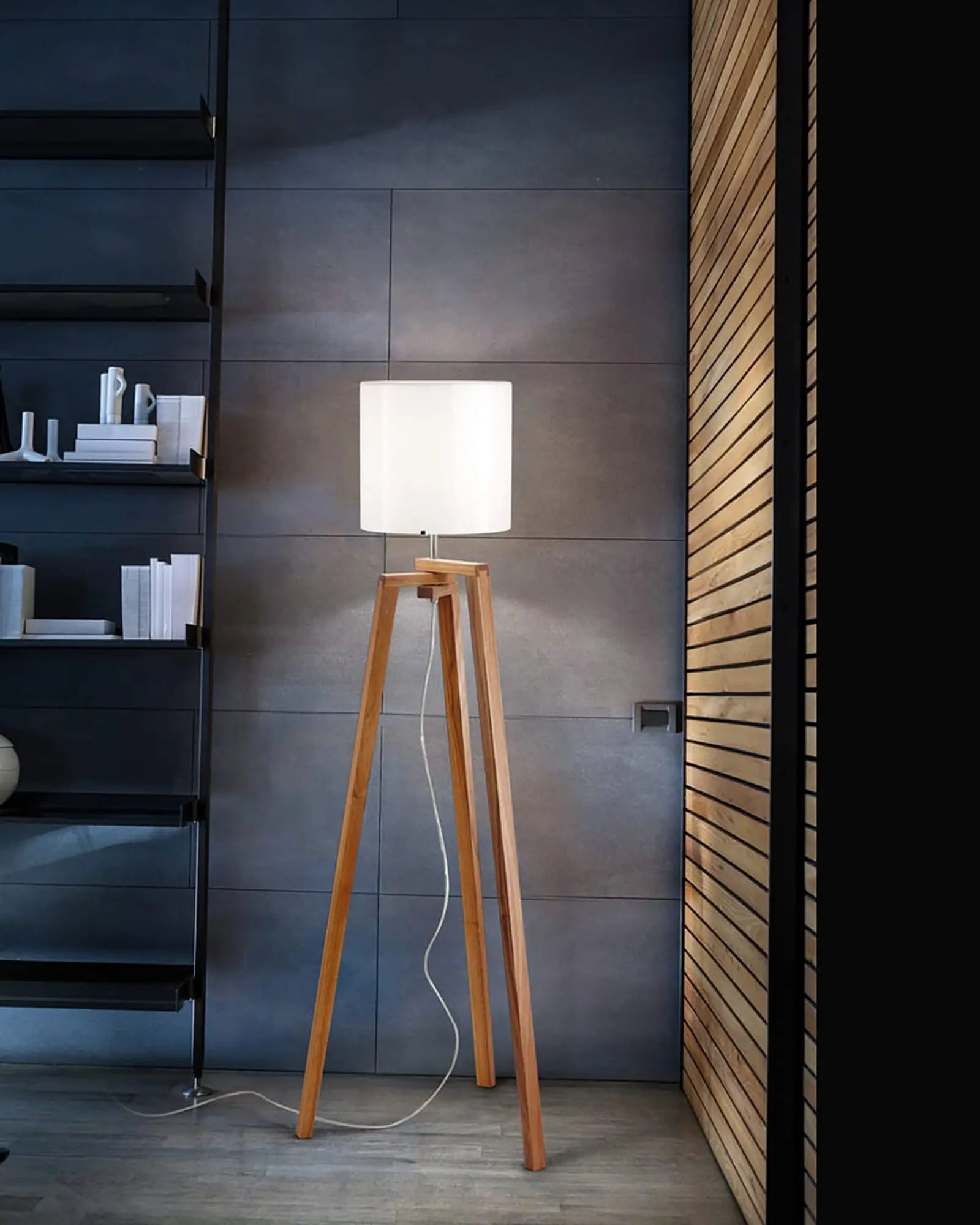 Trepai timber and glass contemporary floor lamp near a shelf unit
