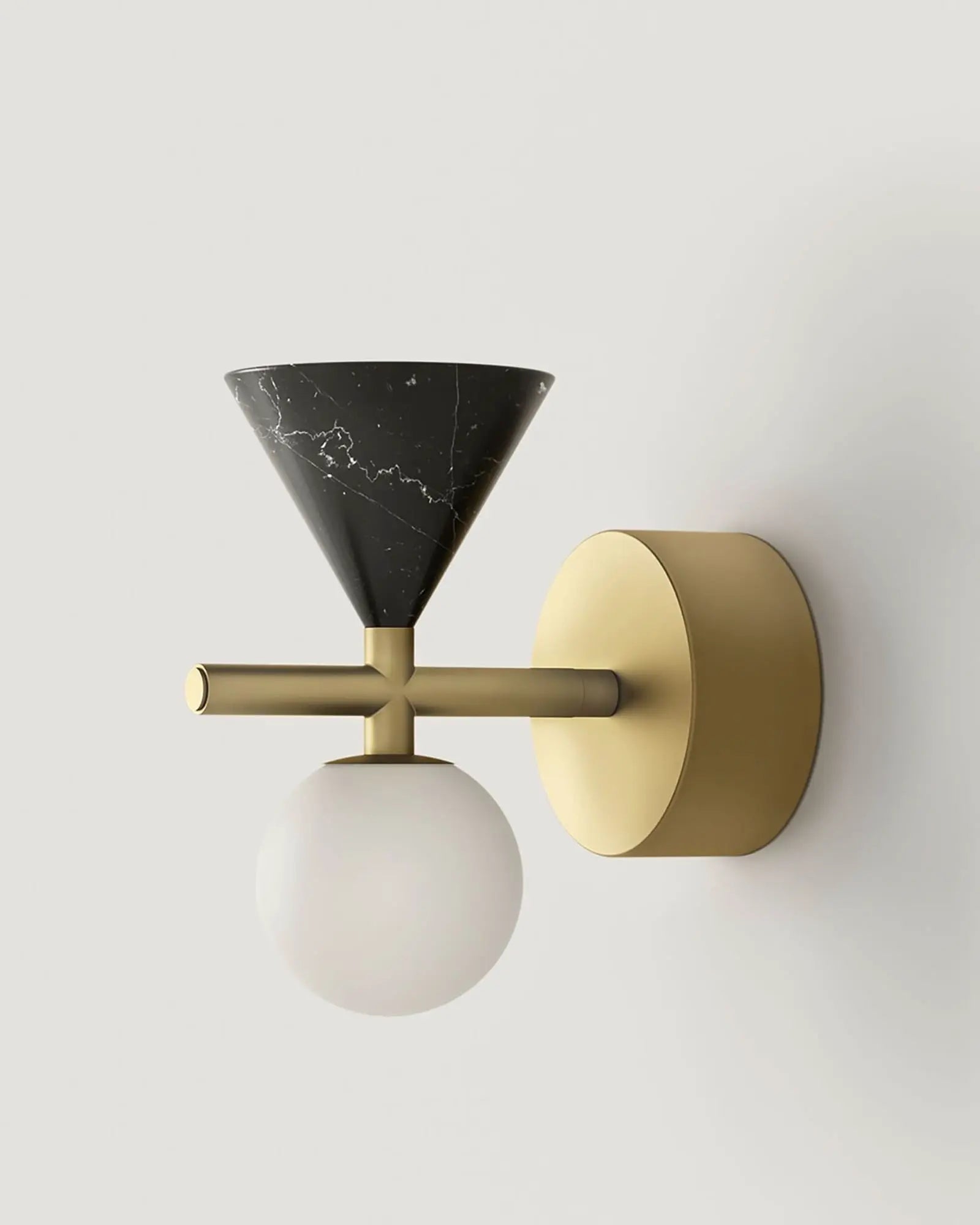 Oneta contemporary wall light with opal glass orb shade and marble cone in brass and black