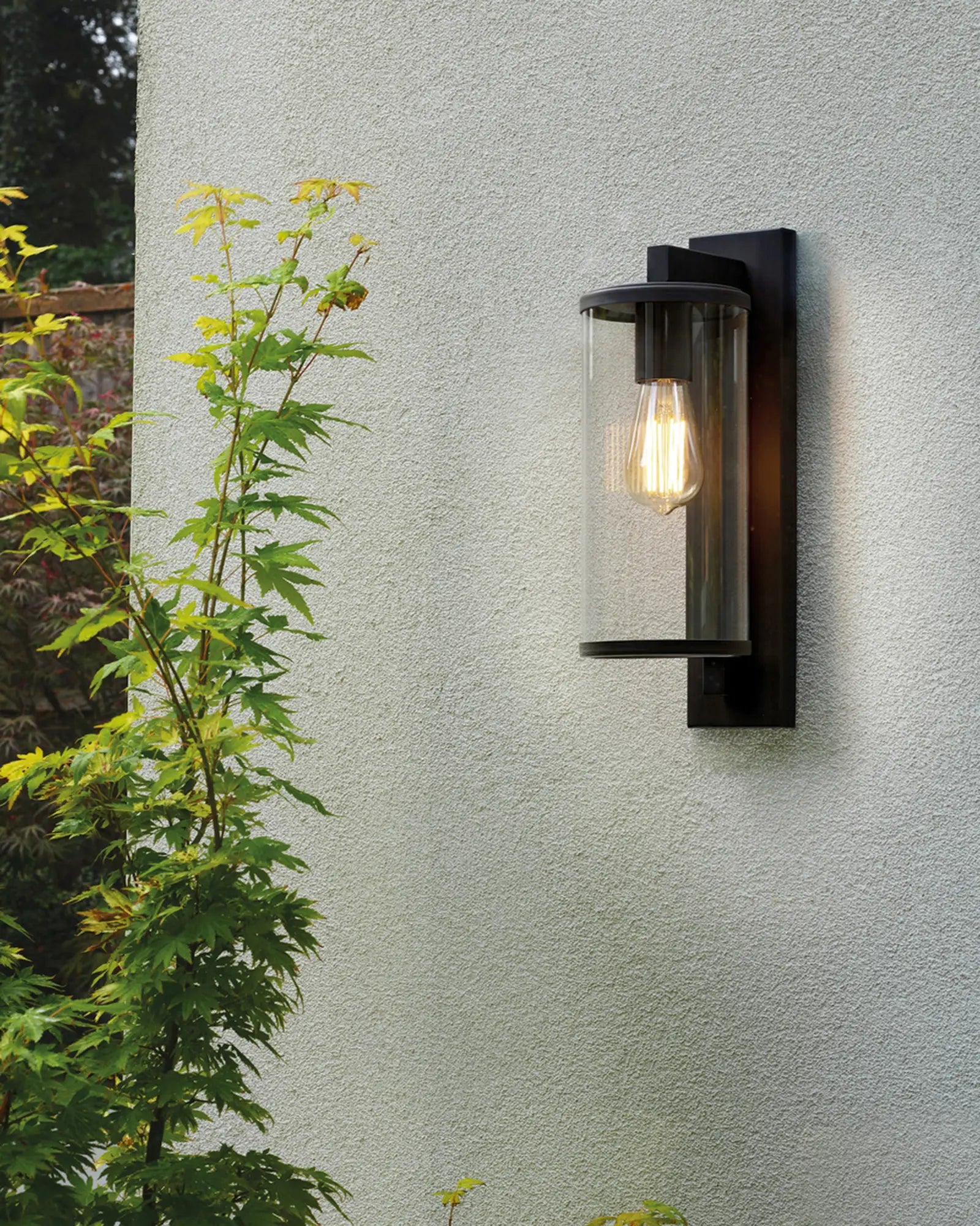Pimlico Outdoor lantern style metal and glass wall light on rendered wall