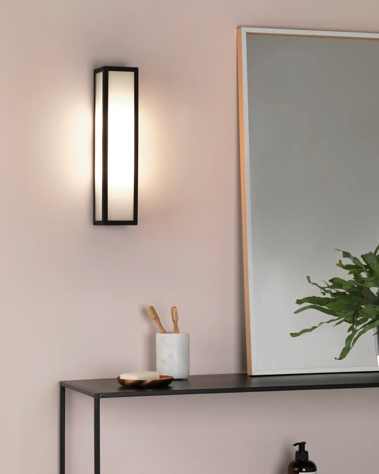 Salerno metal and opal glass rectangular contemporary wall light mirror's side