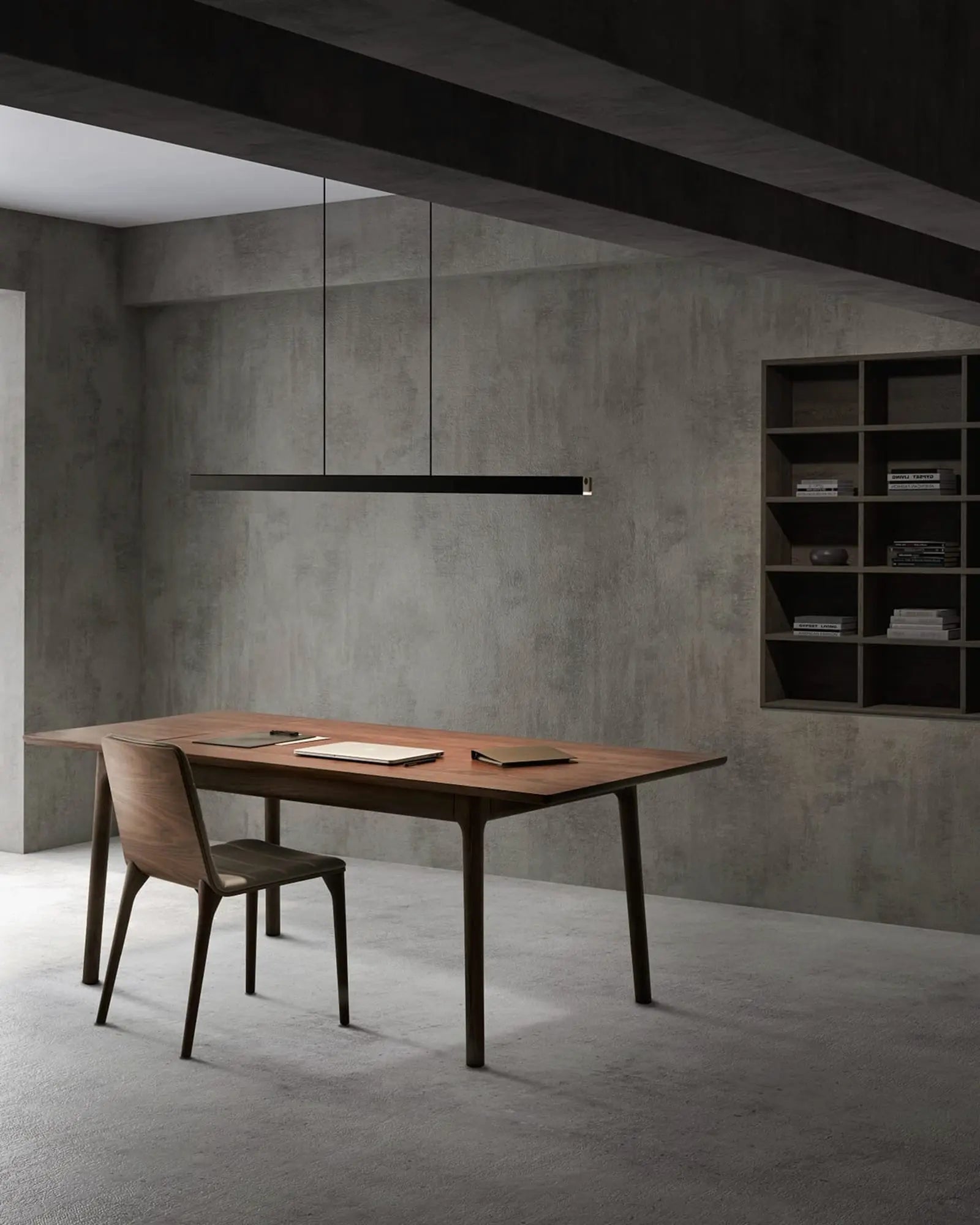 Square Linear modern pendant light  above a desk